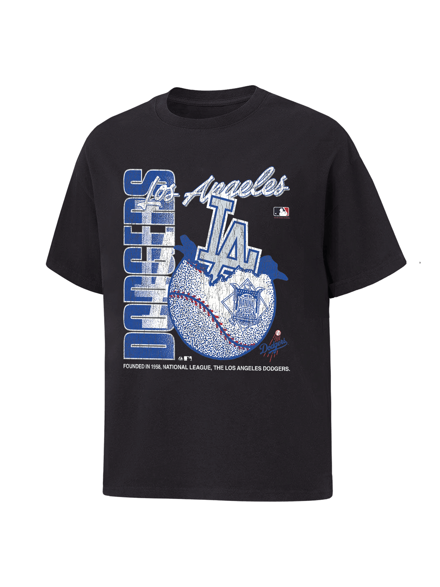 Majestic Athletic T-Shirts Los Angeles Dodgers Majestic MLB Burst Ball Vintage T-Shirt - Washed Black