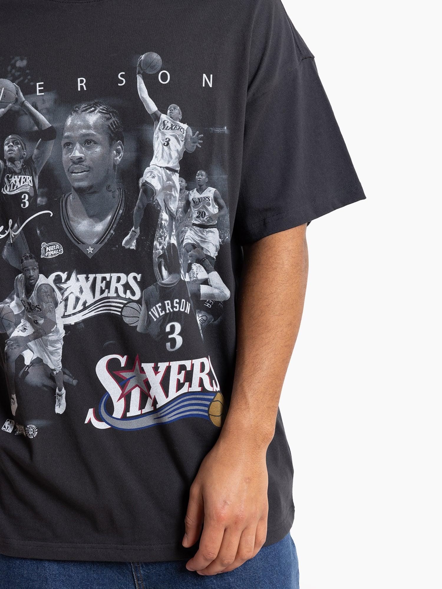 Mitchell And Ness T-Shirts Allen Iverson Philadelphia 76ers Mitchell & Ness NBA Homage Vintage T-Shirt - Faded Black