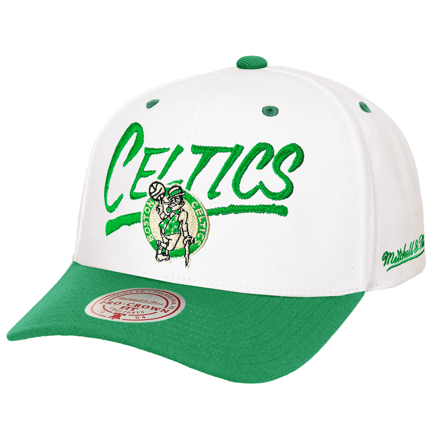 Mitchell And Ness Caps Boston Celtics Mitchell & Ness NBA Blaze Script Pro Crown Snapback Hat - White