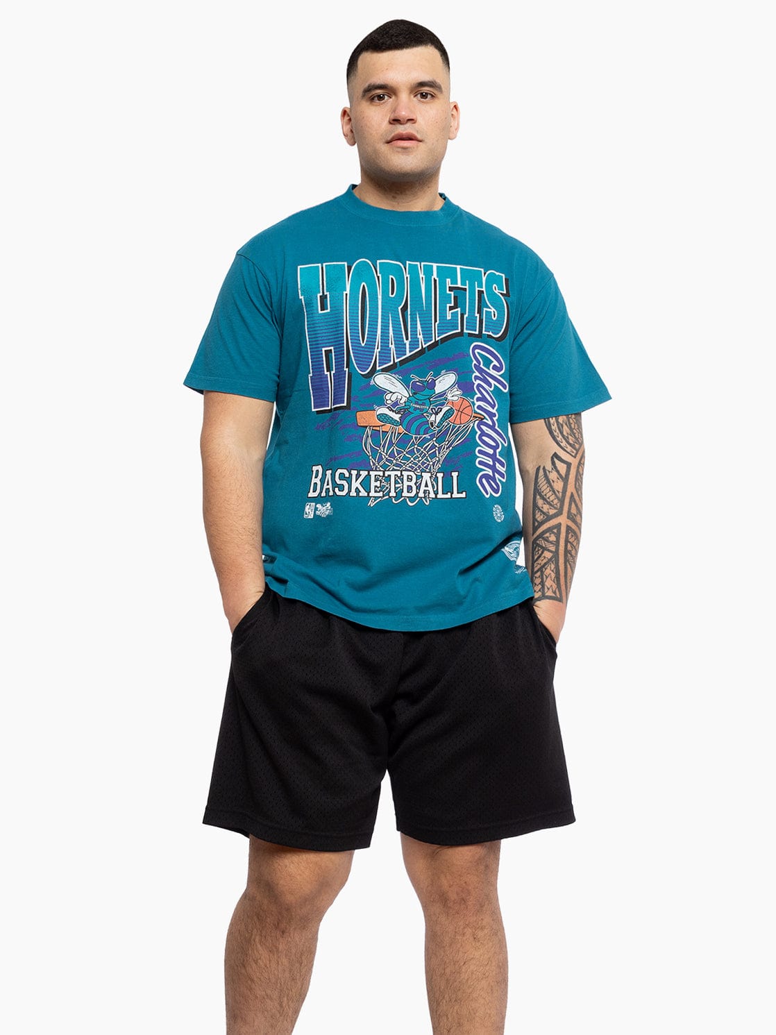 Mitchell And Ness T-Shirts Charlotte Hornets Mitchell & Ness NBA Basketed Vintage T-Shirt - Teal