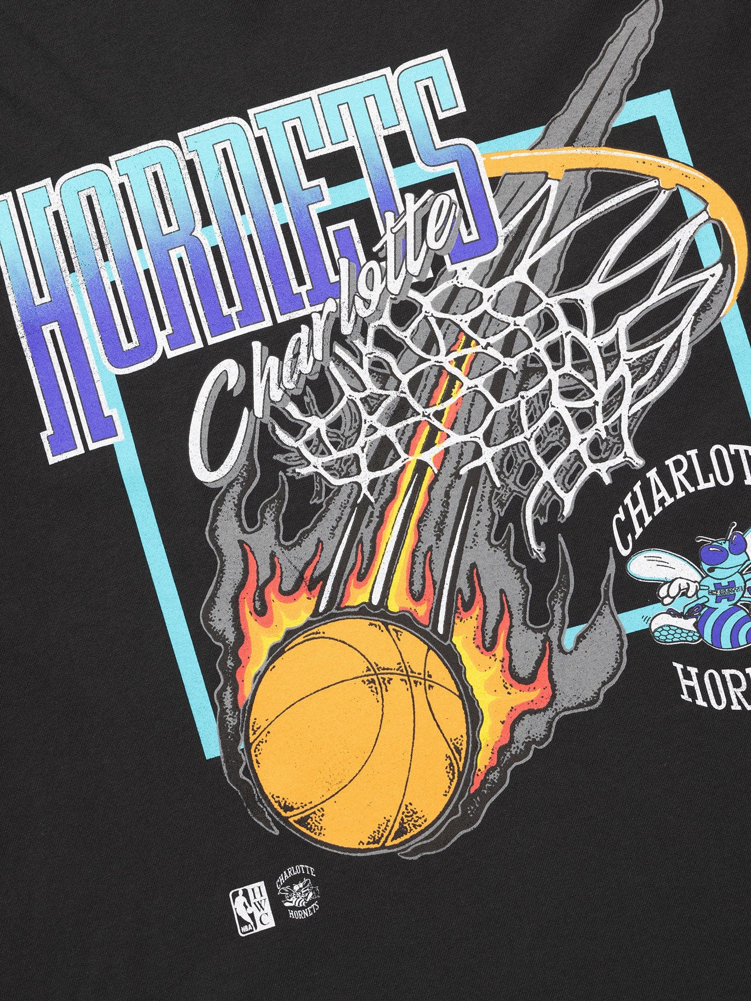 Mitchell And Ness T-Shirts Charlotte Hornets Mitchell & Ness NBA Fireball Vintage T-Shirt - Faded Black