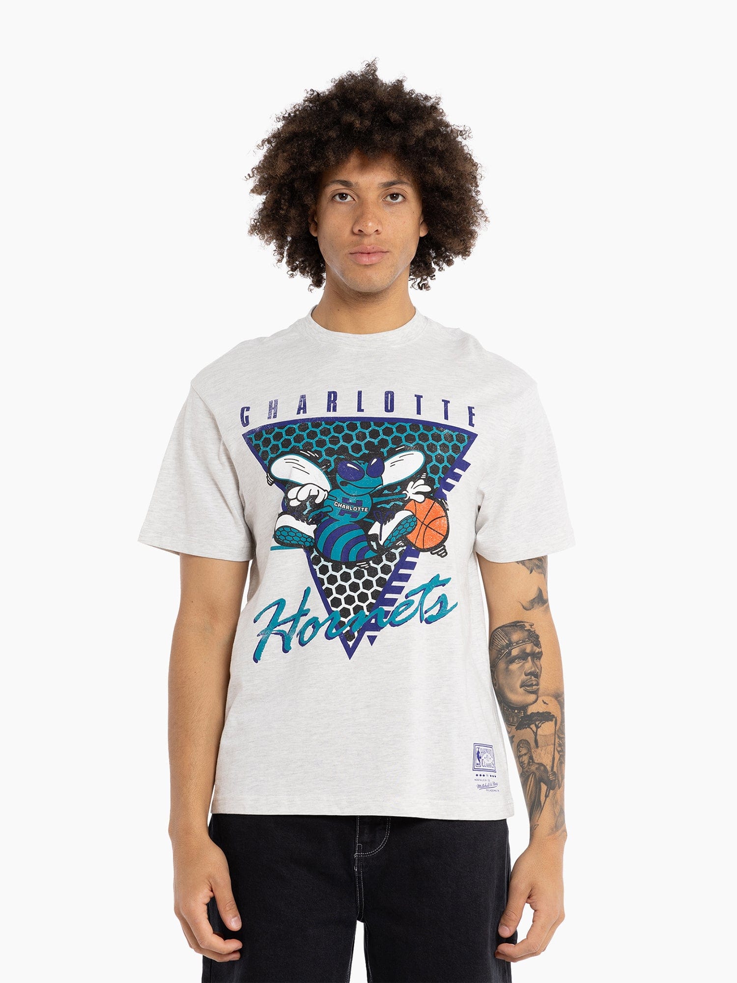Mitchell And Ness T-Shirts Charlotte Hornets Mitchell & Ness NBA Tri Logo Vintage T-Shirt - Silver Marle