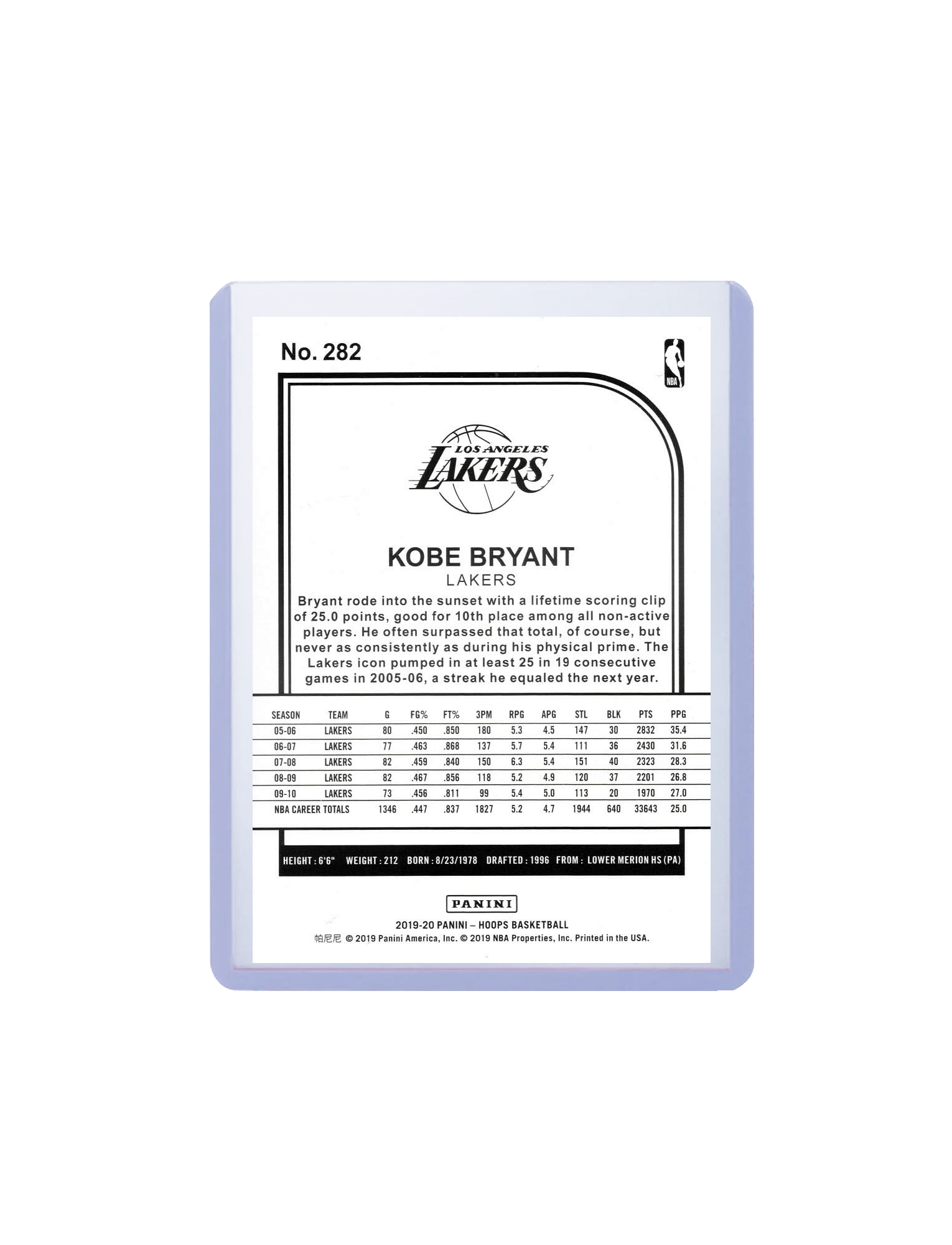 Panini Cards Kobe Bryant Los Angeles Lakers Panini NBA 19-20 Hoops Tribute Card