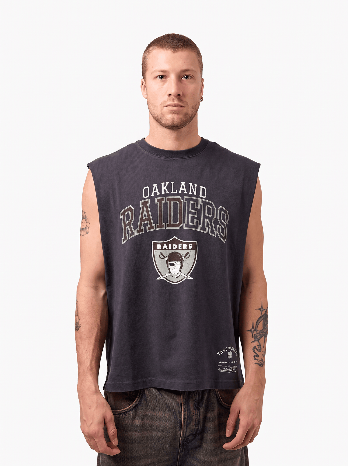 Mitchell And Ness T-Shirts Las Vegas Raiders Mitchell & Ness NFL Arch Boxy Vintage Muscle T-Shirt - Faded Black