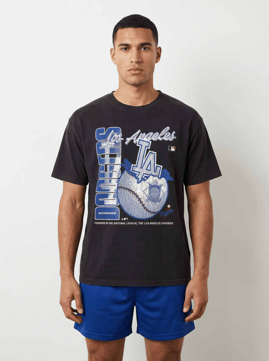 Majestic Athletic T-Shirts Los Angeles Dodgers Majestic MLB Burst Ball Vintage T-Shirt - Washed Black