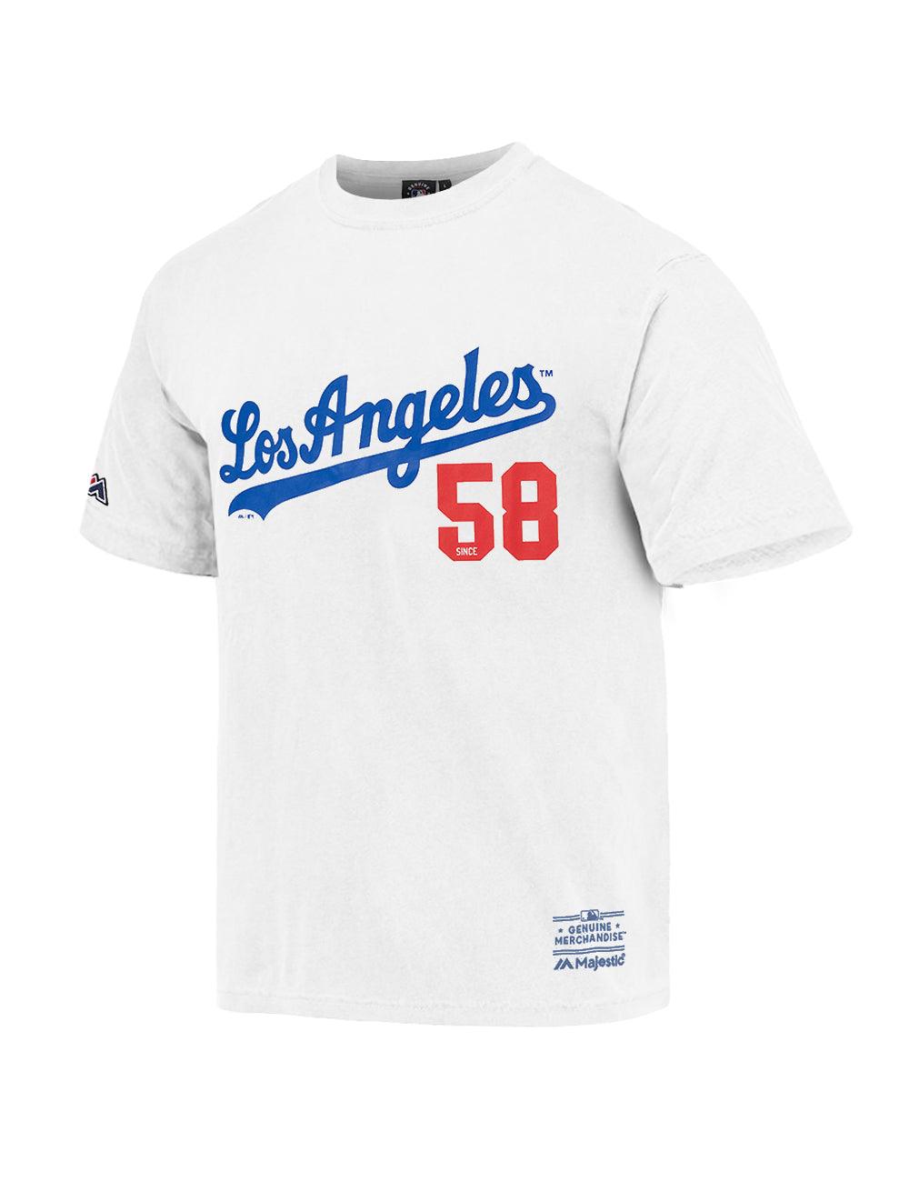 Majestic Athletic T-Shirts Los Angeles Dodgers Majestic MLB Script Number Vintage T-Shirt - Vintage White