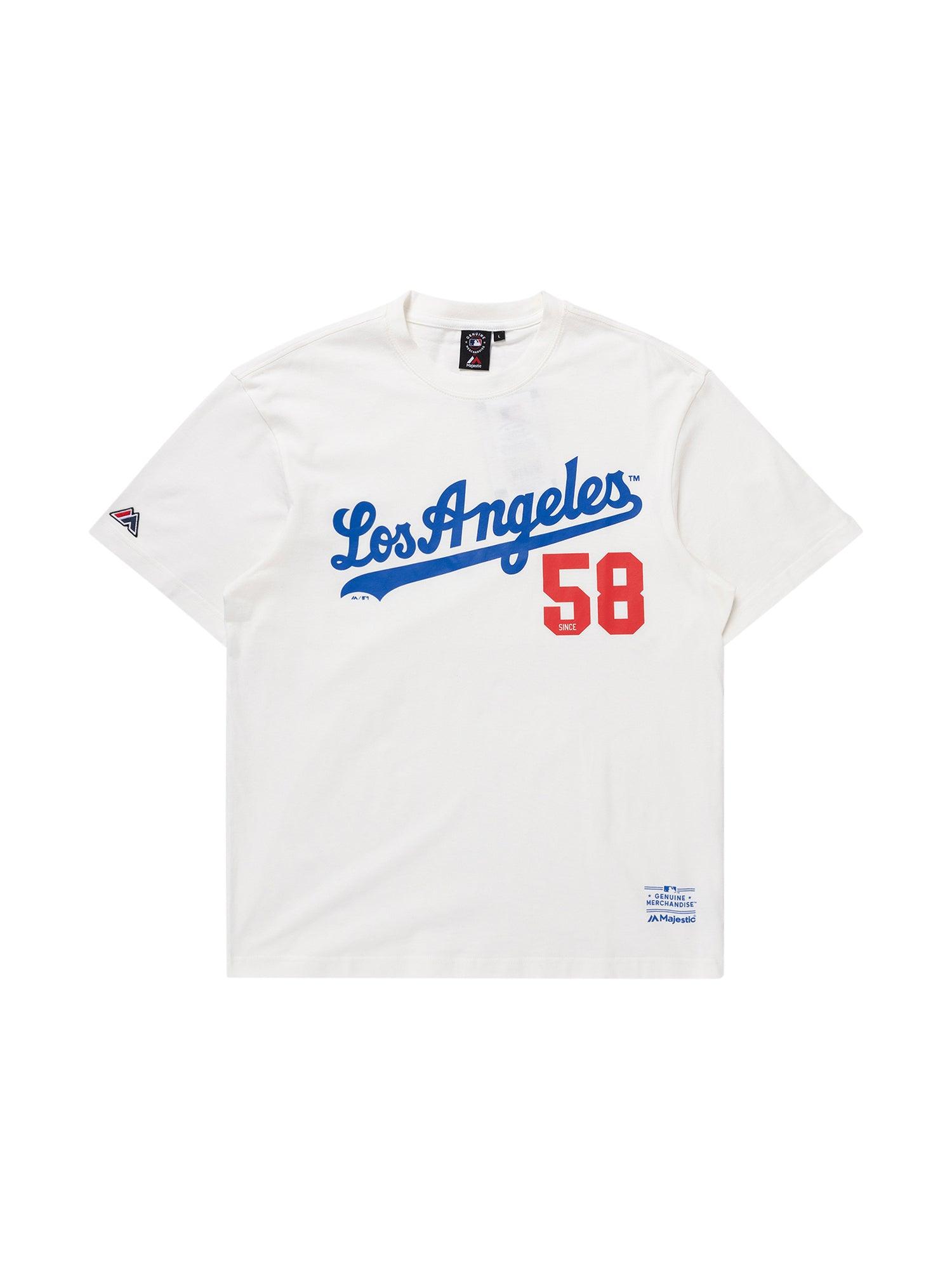 Majestic Athletic T-Shirts Los Angeles Dodgers Majestic MLB Script Number Vintage T-Shirt - Vintage White