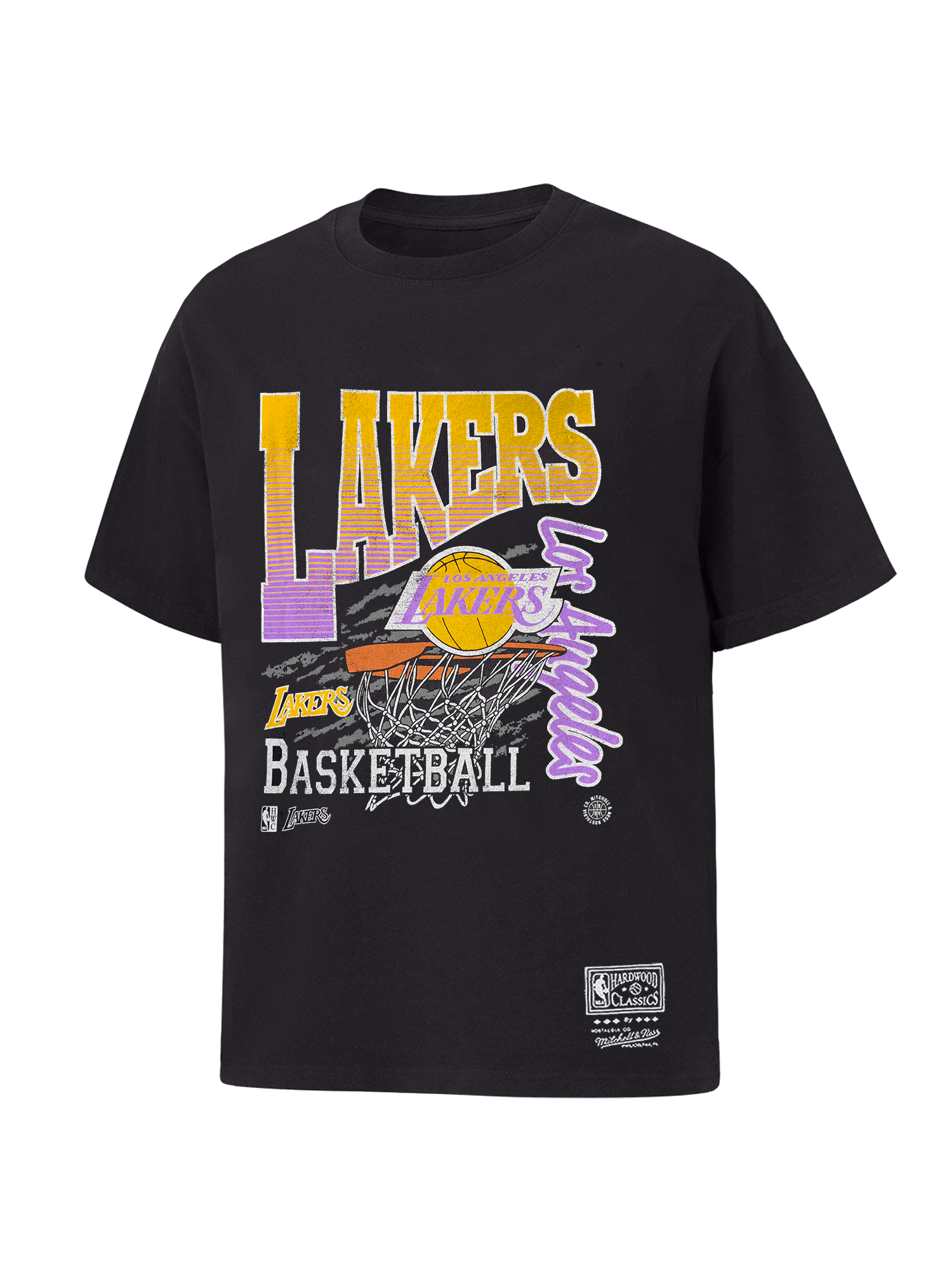 Mitchell And Ness T-Shirts Los Angeles Lakers Mitchell & Ness NBA Basketed Vintage T-Shirt - Overdyed Black