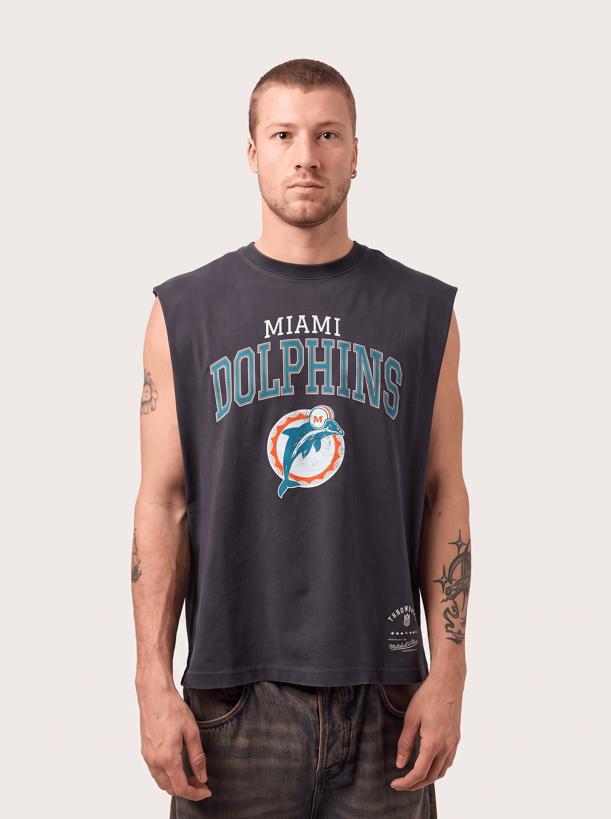 Mitchell And Ness T-Shirts Miami Dolphins Mitchell & Ness NFL Arch Boxy Vintage Muscle T-Shirt - Faded Black