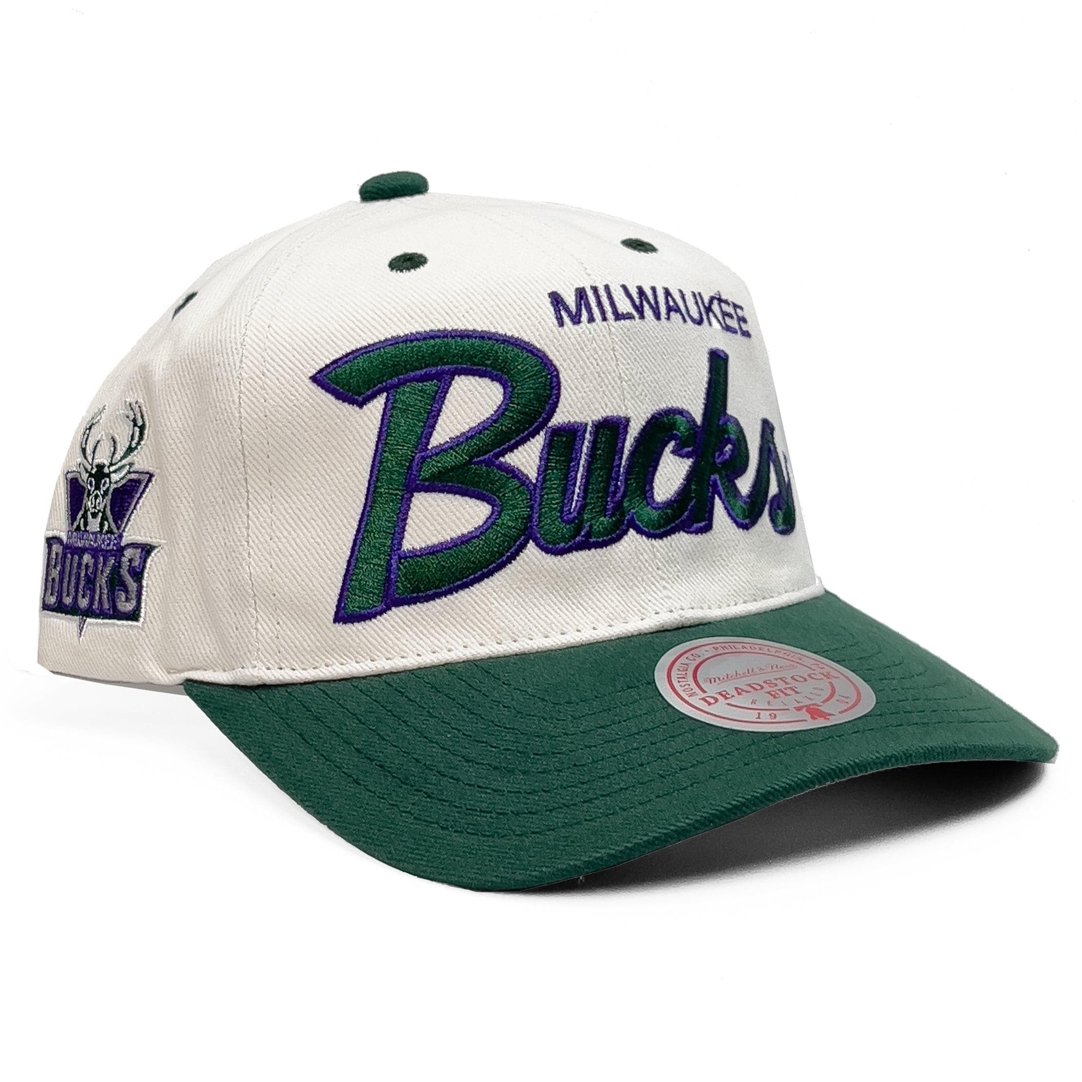 Mitchell And Ness Caps Milwaukee Bucks Mitchell & Ness NBA HWC Script Deadstock Snapback Hat - Off White