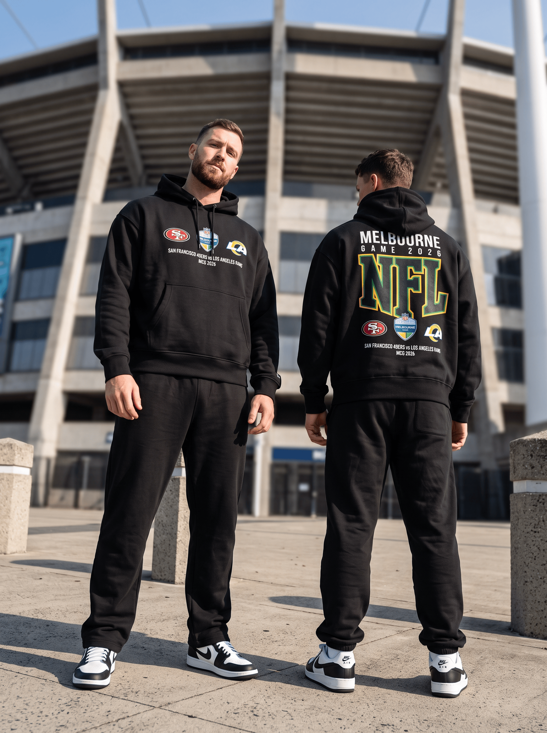 Majestic Athletic Jumpers NFL 26 Melbourne Game Double Sided Matchup Box Fit Hoodie - Black