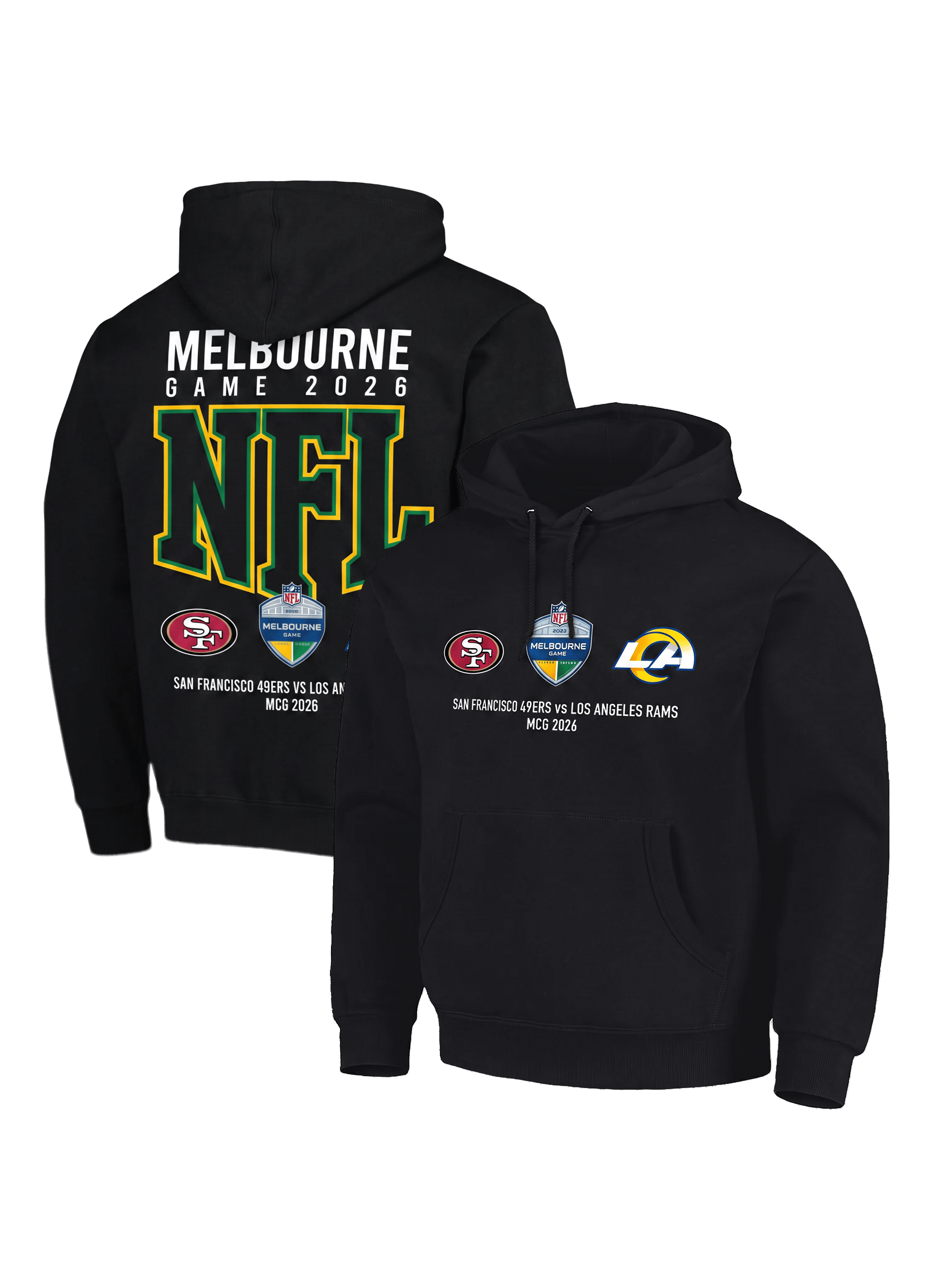 Majestic Athletic Jumpers NFL 26 Melbourne Game Double Sided Matchup Box Fit Hoodie - Black