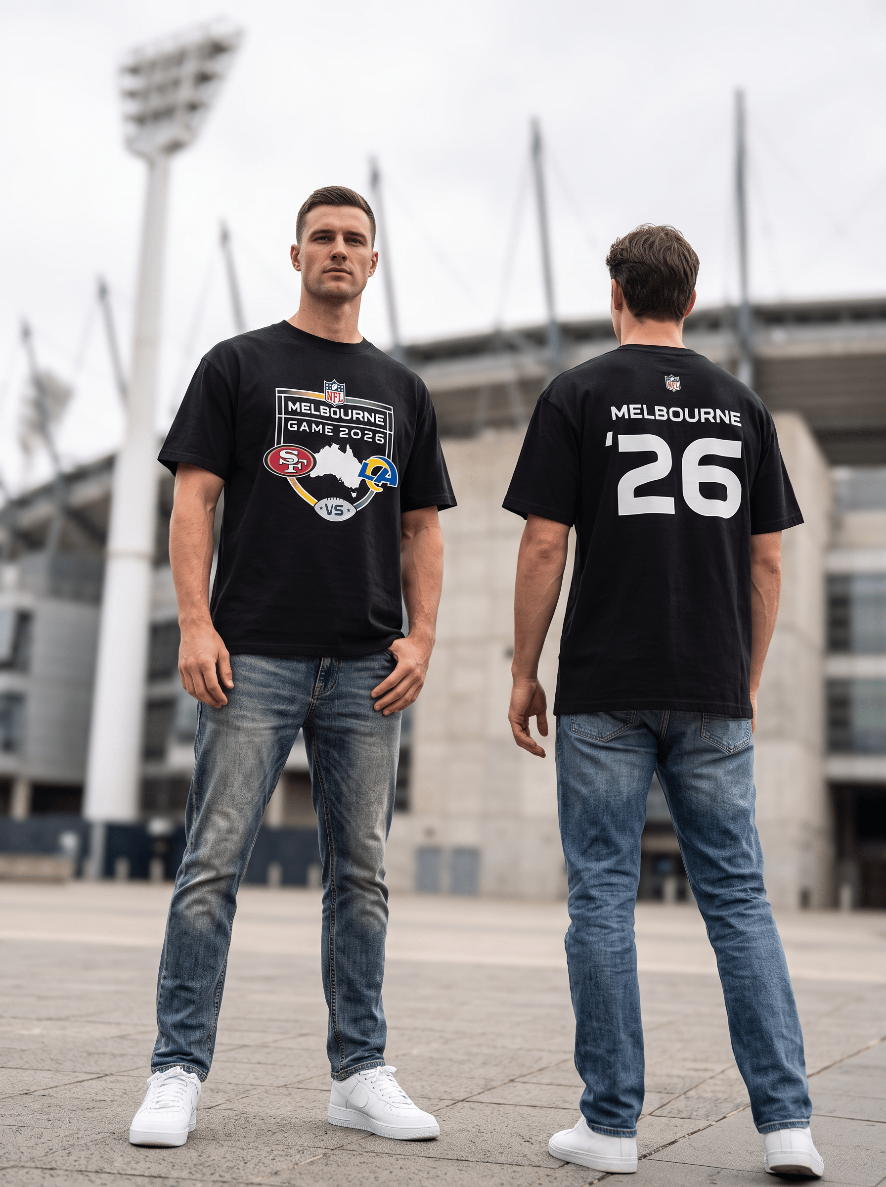 Majestic Athletic T-Shirts NFL 26 Melbourne Game Shield Matchup Vintage T-Shirt - Black