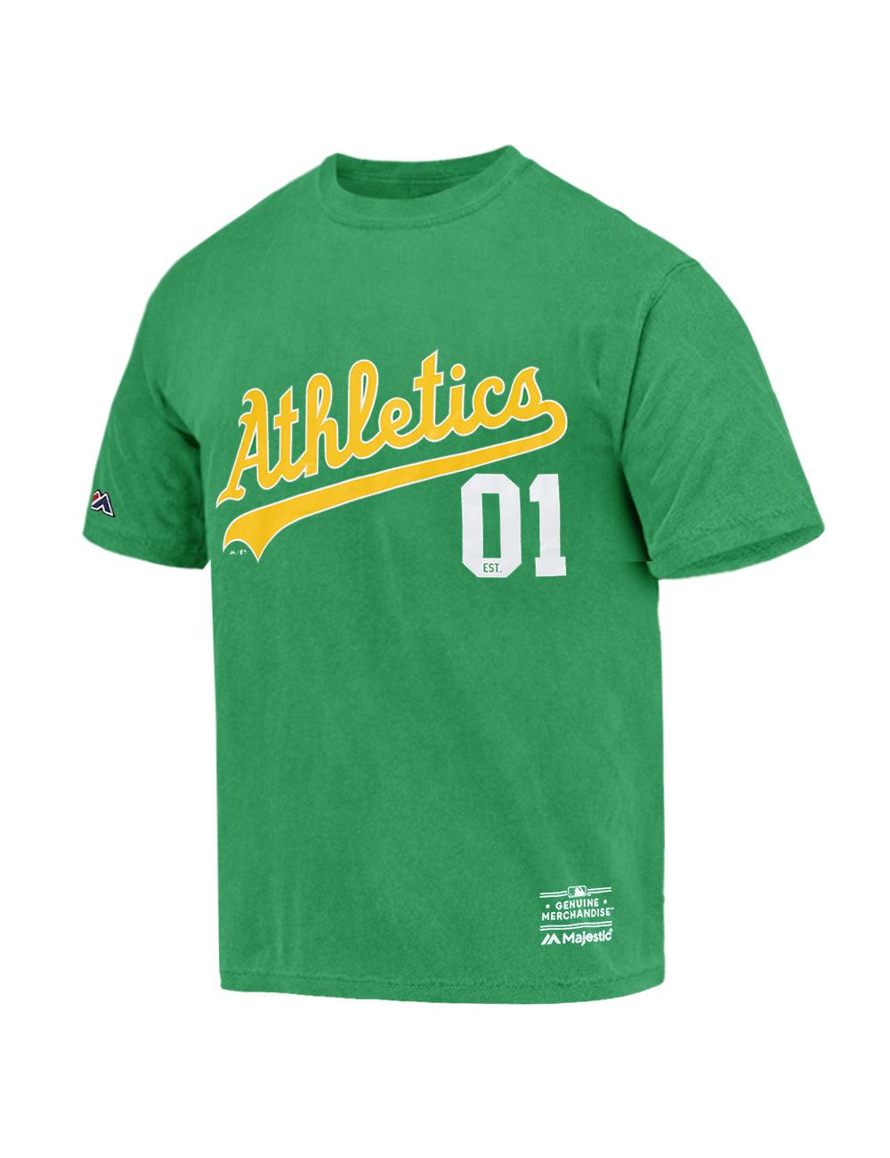 Majestic Athletic T-Shirts Oakland Athletics Majestic MLB Script Number Vintage T-Shirt - Faded Green
