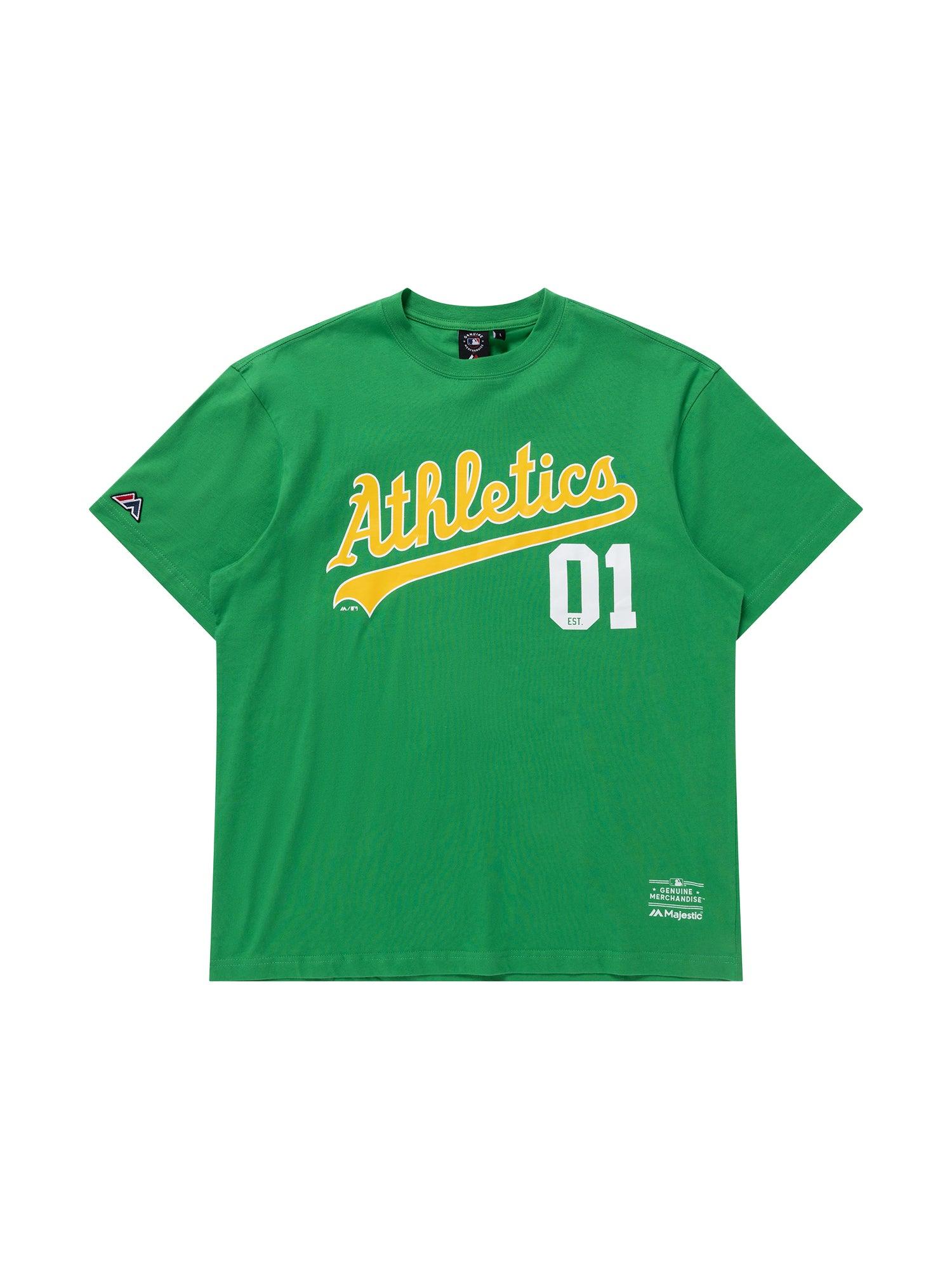 Majestic Athletic T-Shirts Oakland Athletics Majestic MLB Script Number Vintage T-Shirt - Faded Green