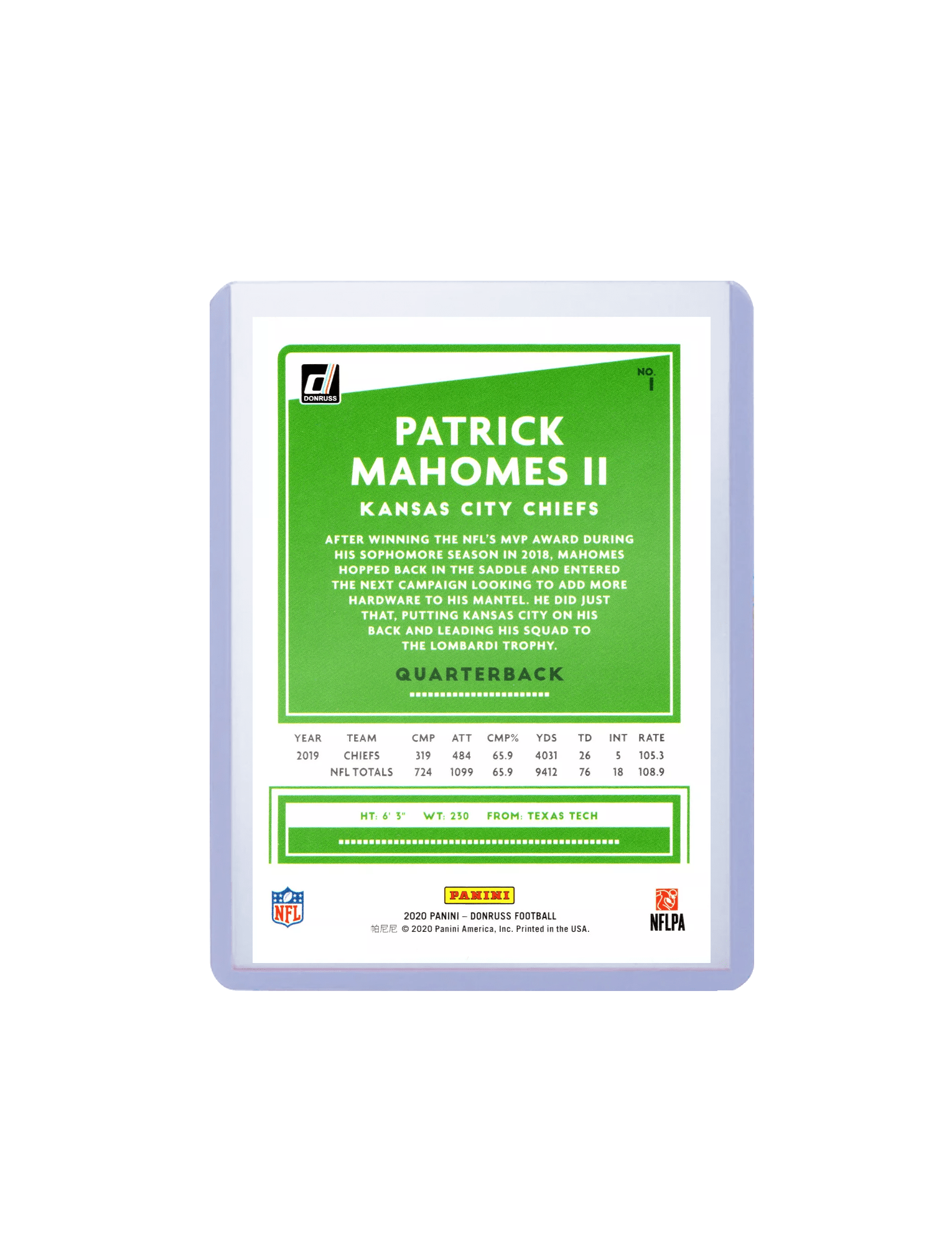 Panini Cards Patrick Mahomes Kansas City Chiefs Panini NFL 20 Donruss 1 Card