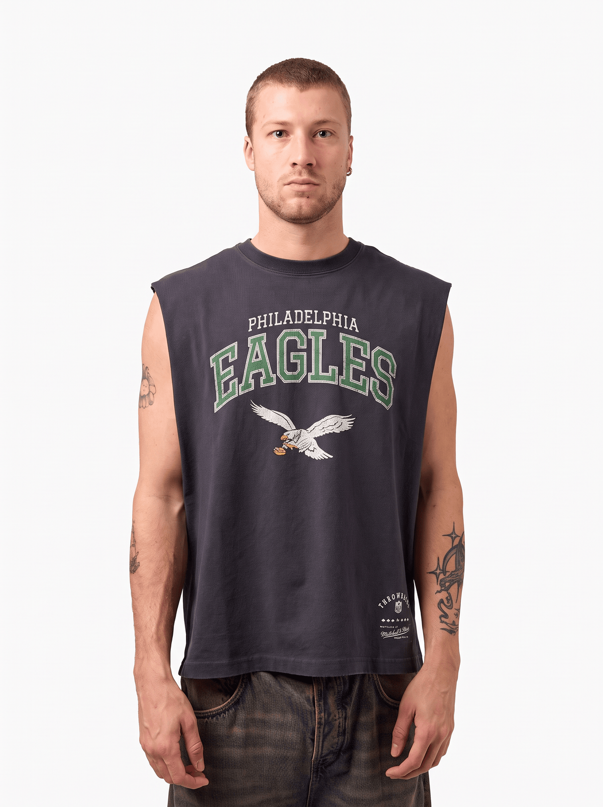 Mitchell And Ness T-Shirts Philadelphia Eagles Mitchell & Ness NFL Arch Boxy Vintage Muscle T-Shirt - Faded Black