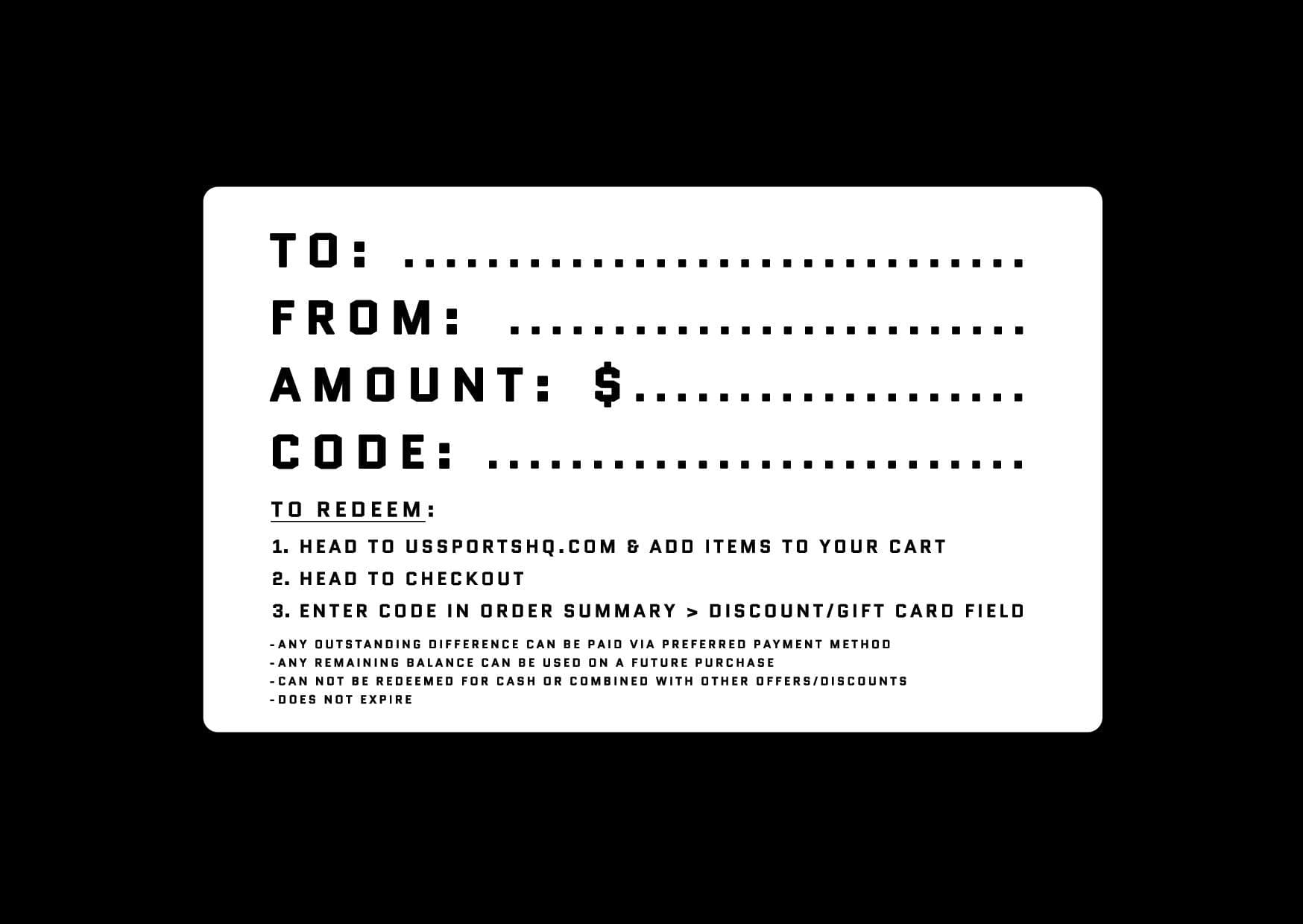 US Sports HQ Vouchers Physical Gift Card Voucher w/Shipping