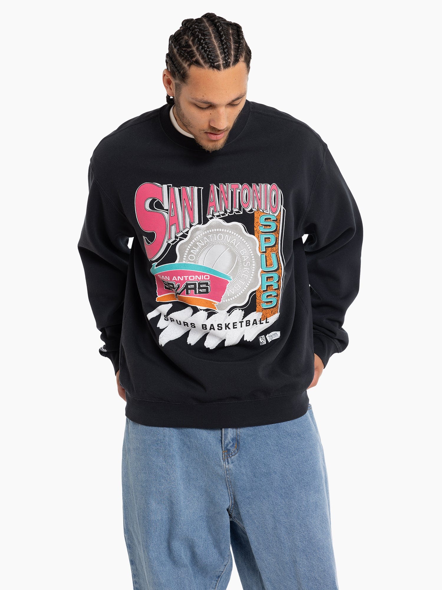 Mitchell And Ness Jumpers San Antonio Spurs Mitchell & Ness NBA Brush Off Vintage Crew Jumper - Vintage Black