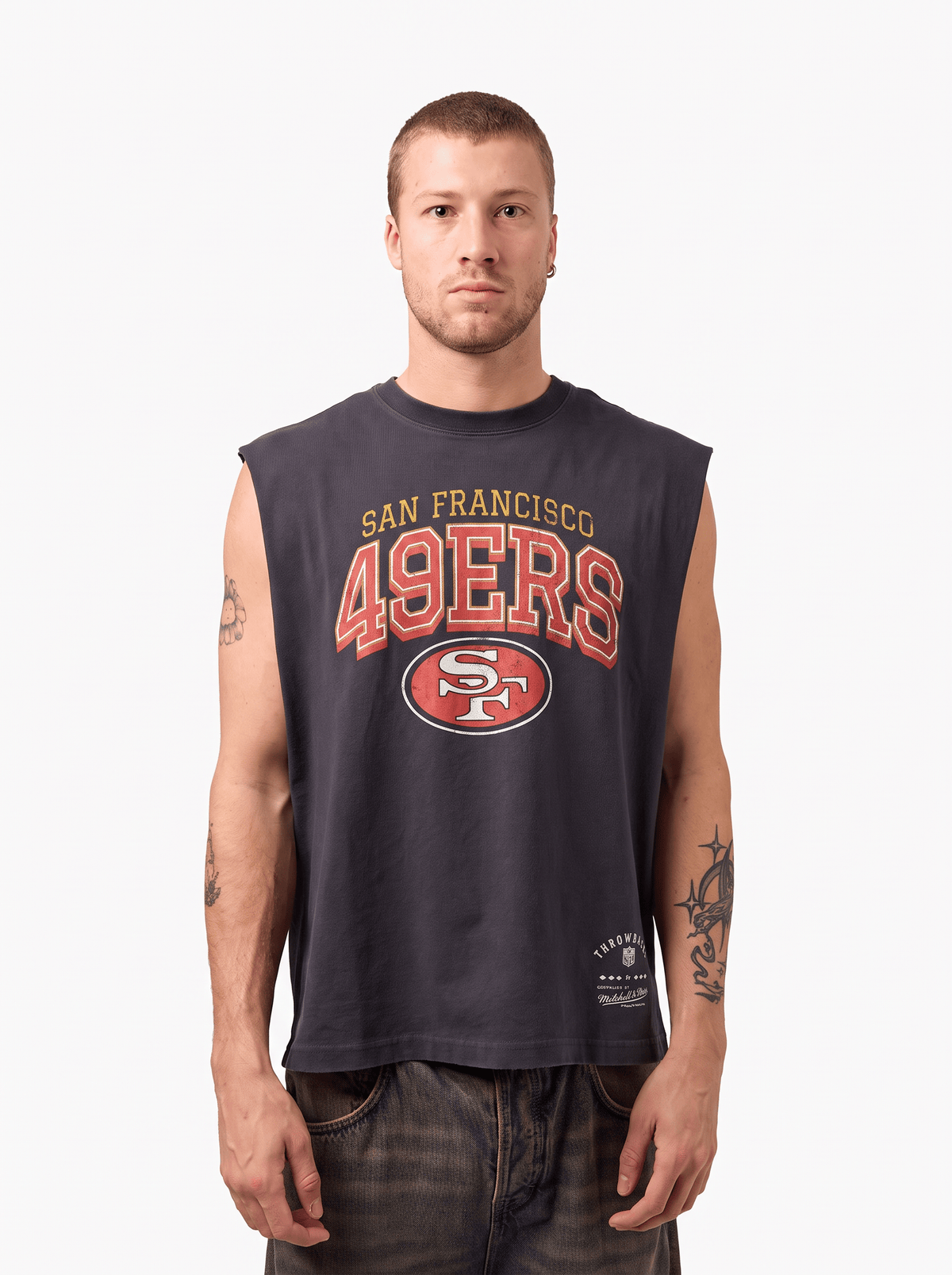 Mitchell And Ness T-Shirts San Francisco 49ers Mitchell & Ness NFL Arch Boxy Vintage Muscle T-Shirt - Faded Black