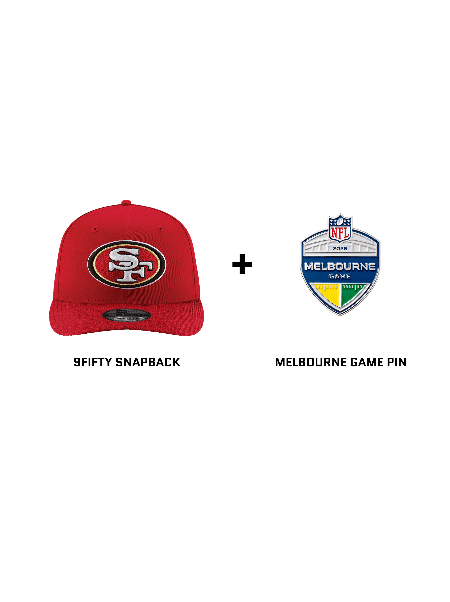 US Sports HQ San Francisco 49ers NFL 9FIFTY Red Pre-Curved Snapback Hat + 2026 Melbourne NFL Game Pin Bundle