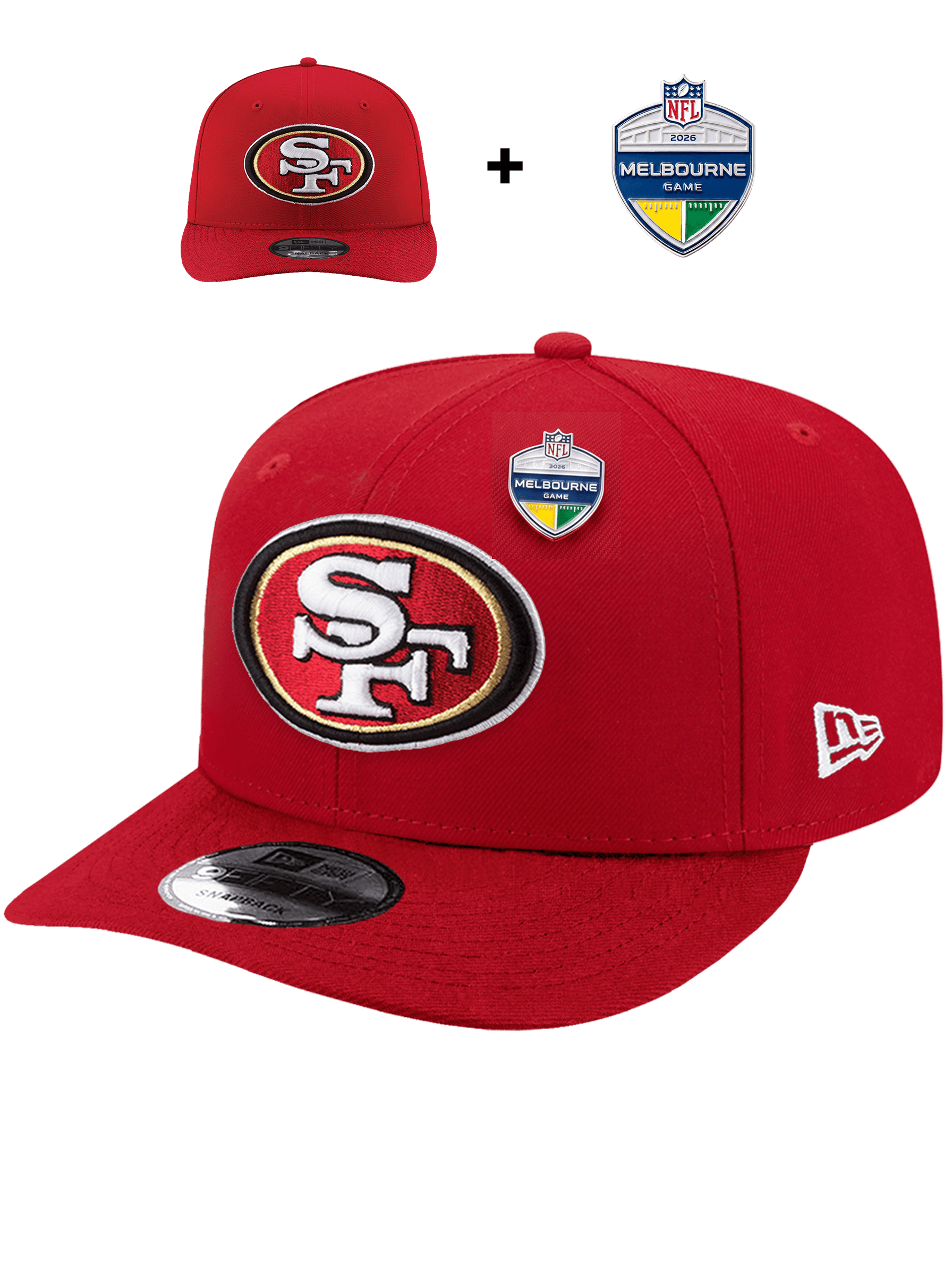 US Sports HQ San Francisco 49ers NFL 9FIFTY Red Pre-Curved Snapback Hat + 2026 Melbourne NFL Game Pin Bundle