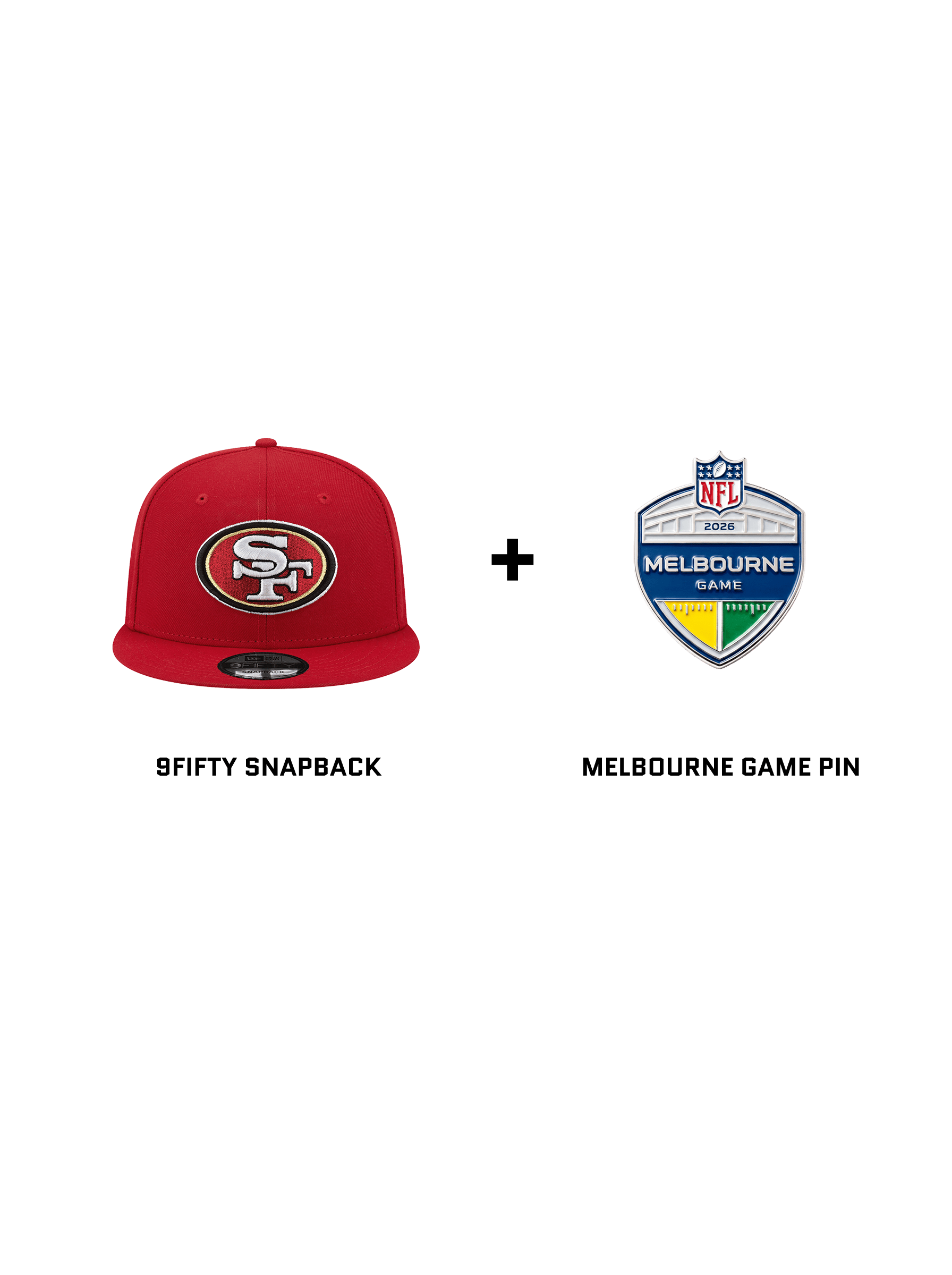 US Sports HQ Caps San Francisco 49ers NFL 9FIFTY Red Snapback Hat + 2026 Melbourne NFL Game Pin Bundle