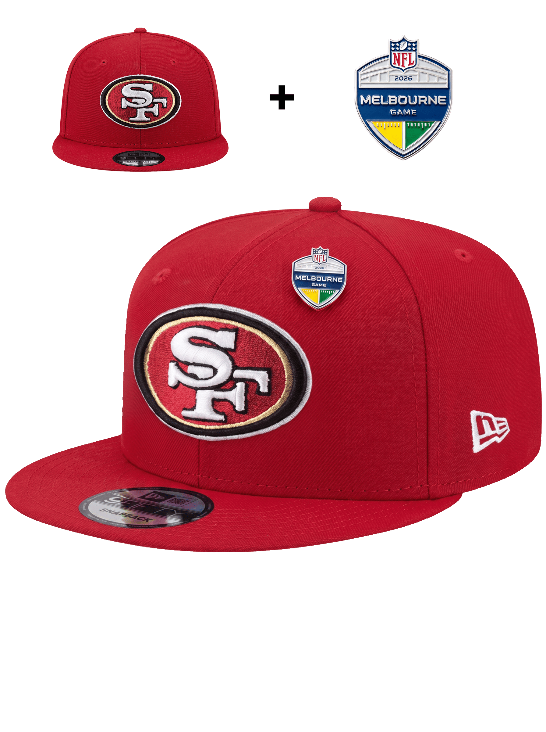 US Sports HQ Caps San Francisco 49ers NFL 9FIFTY Red Snapback Hat + 2026 Melbourne NFL Game Pin Bundle