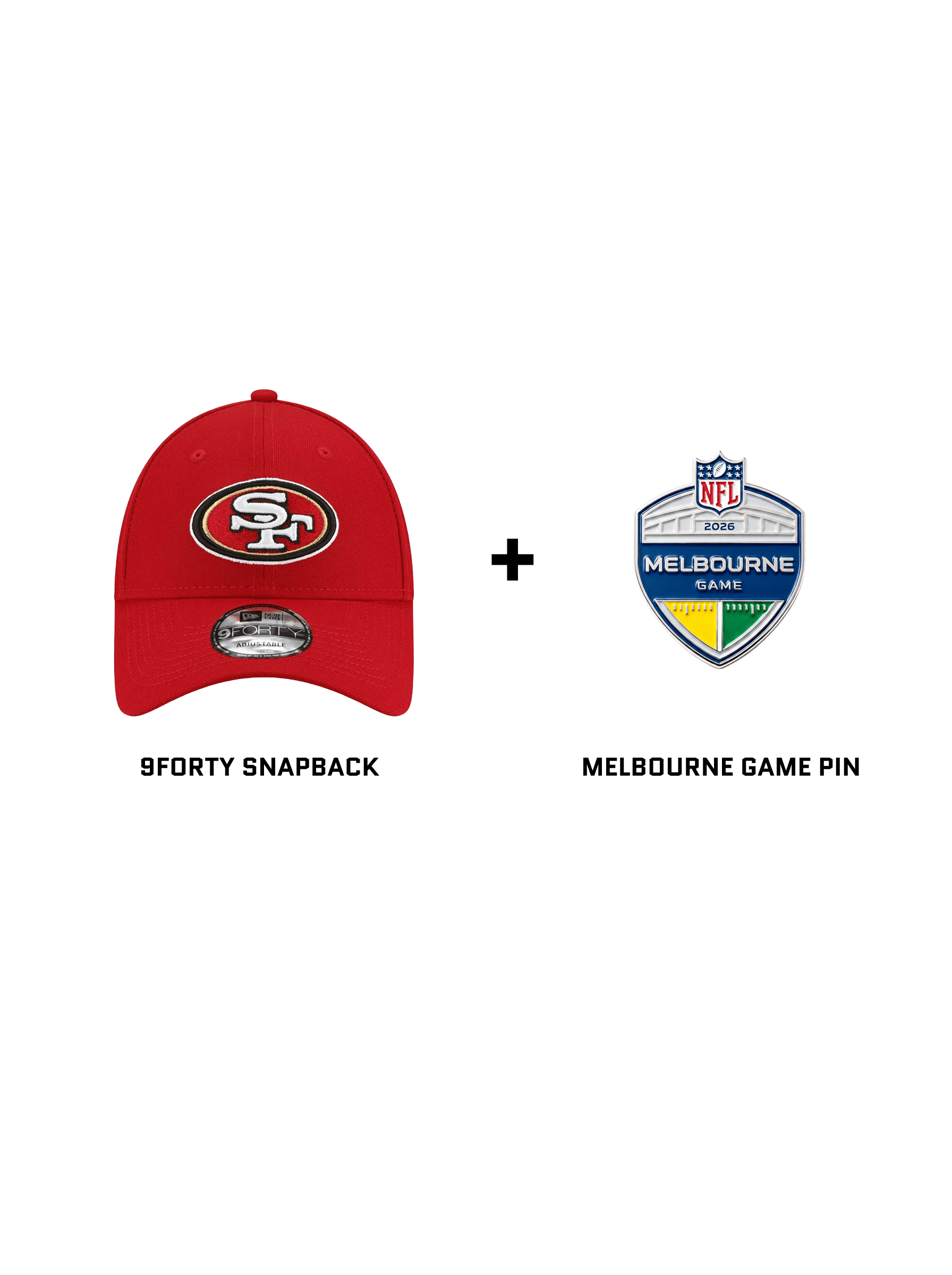 US Sports HQ Caps San Francisco 49ers NFL 9FORTY Snapback Hat + 2026 Melbourne NFL Game Pin Bundle