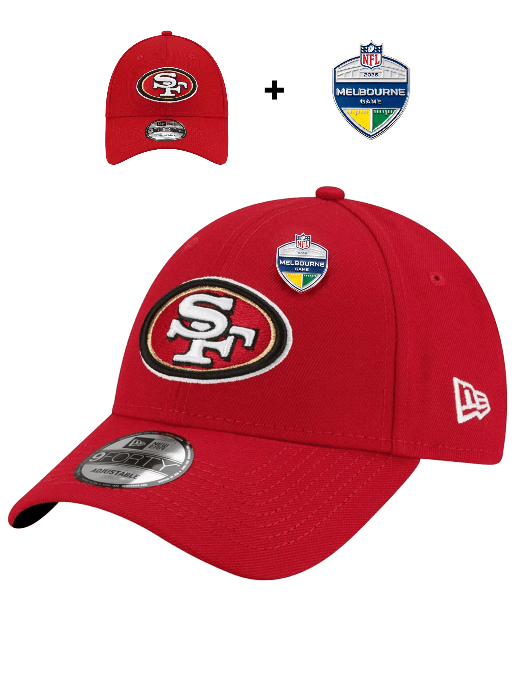 US Sports HQ Caps San Francisco 49ers NFL 9FORTY Snapback Hat + 2026 Melbourne NFL Game Pin Bundle