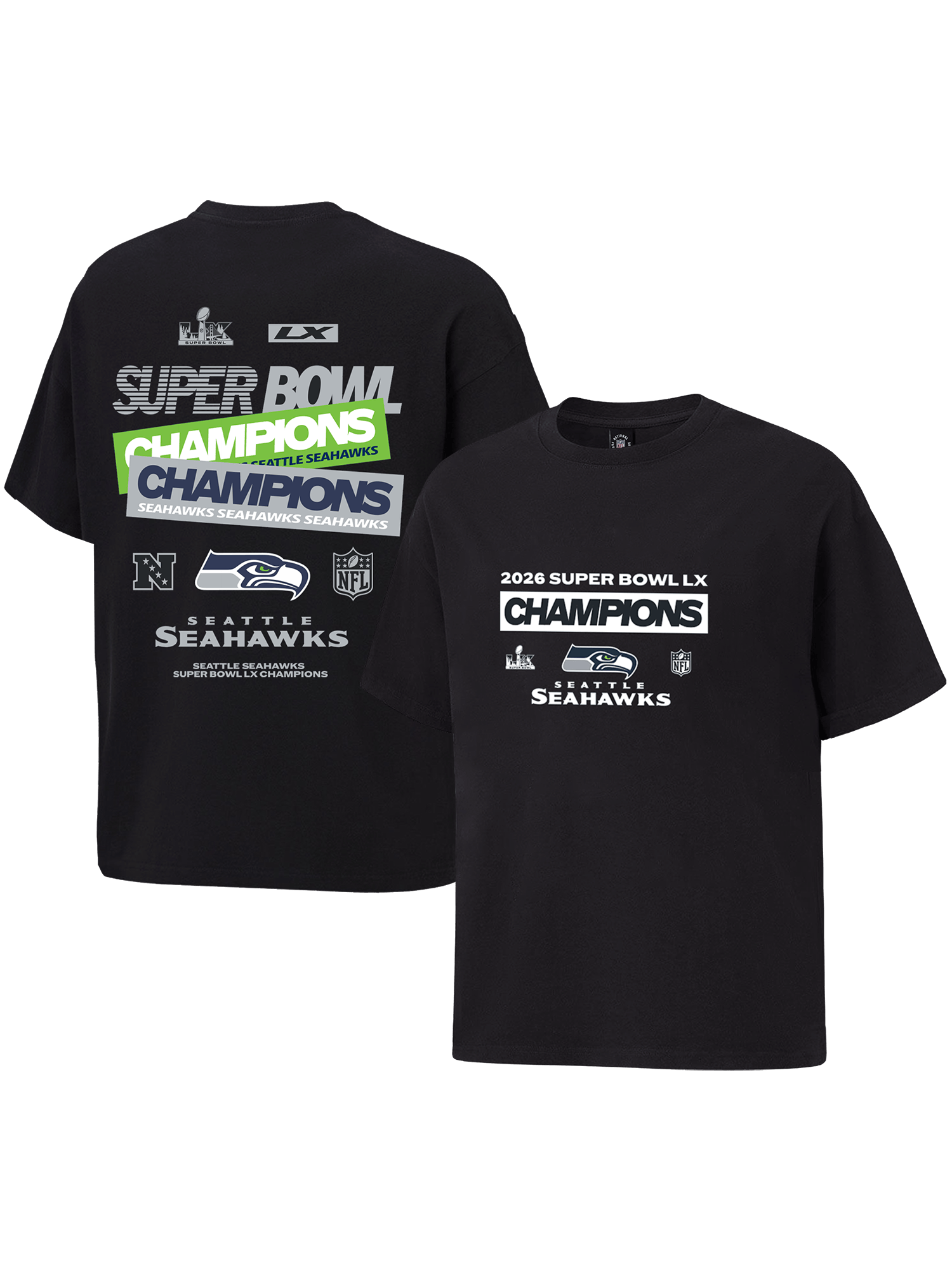 Majestic Athletic T-Shirts Seattle Seahawks Majestic NFL Super Bowl LX Champs Double Hit Vintage Fit T-Shirt - Black