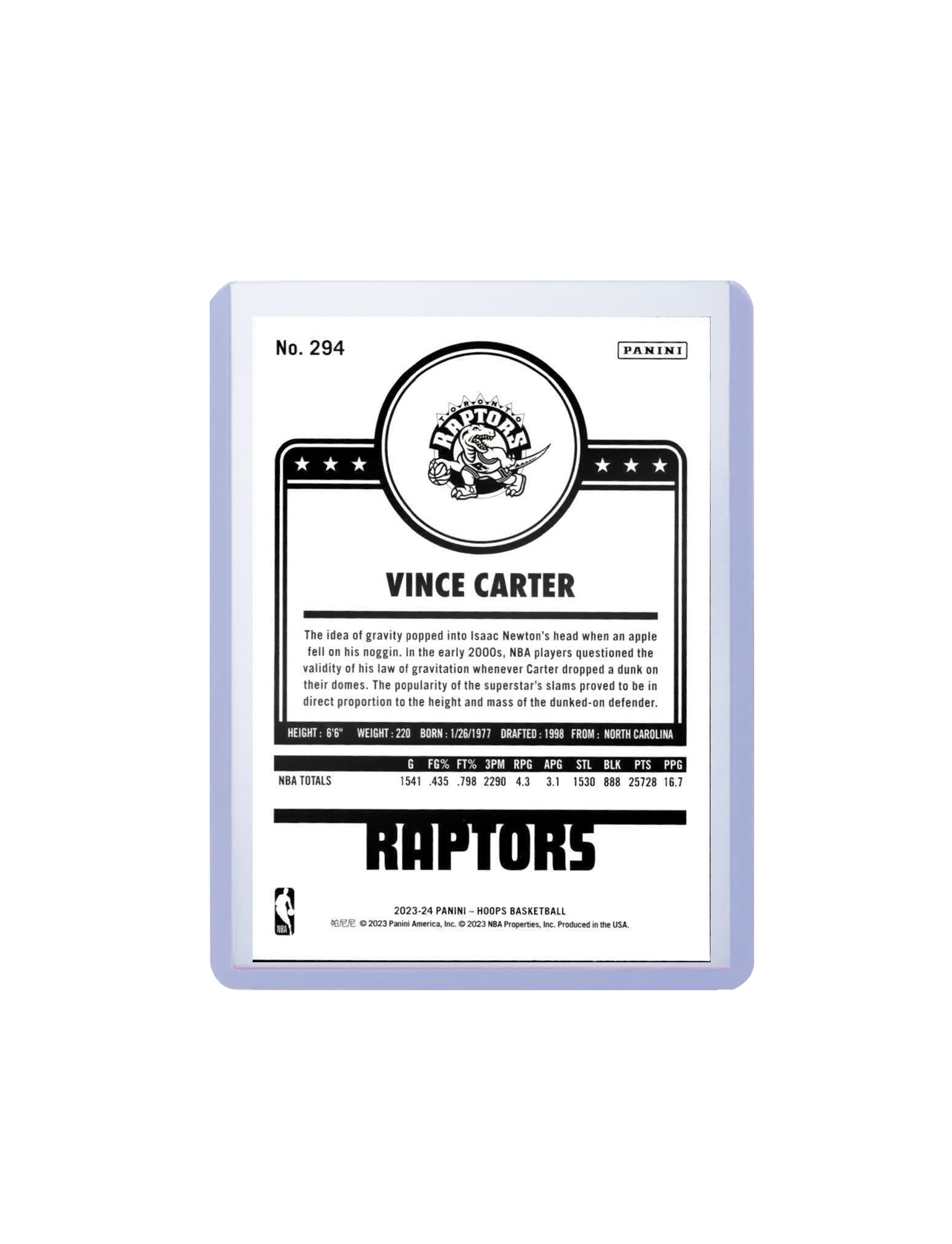 Panini Cards Vince Carter Toronto Raptors Panini NBA 23-24 Hoops Tribute Card
