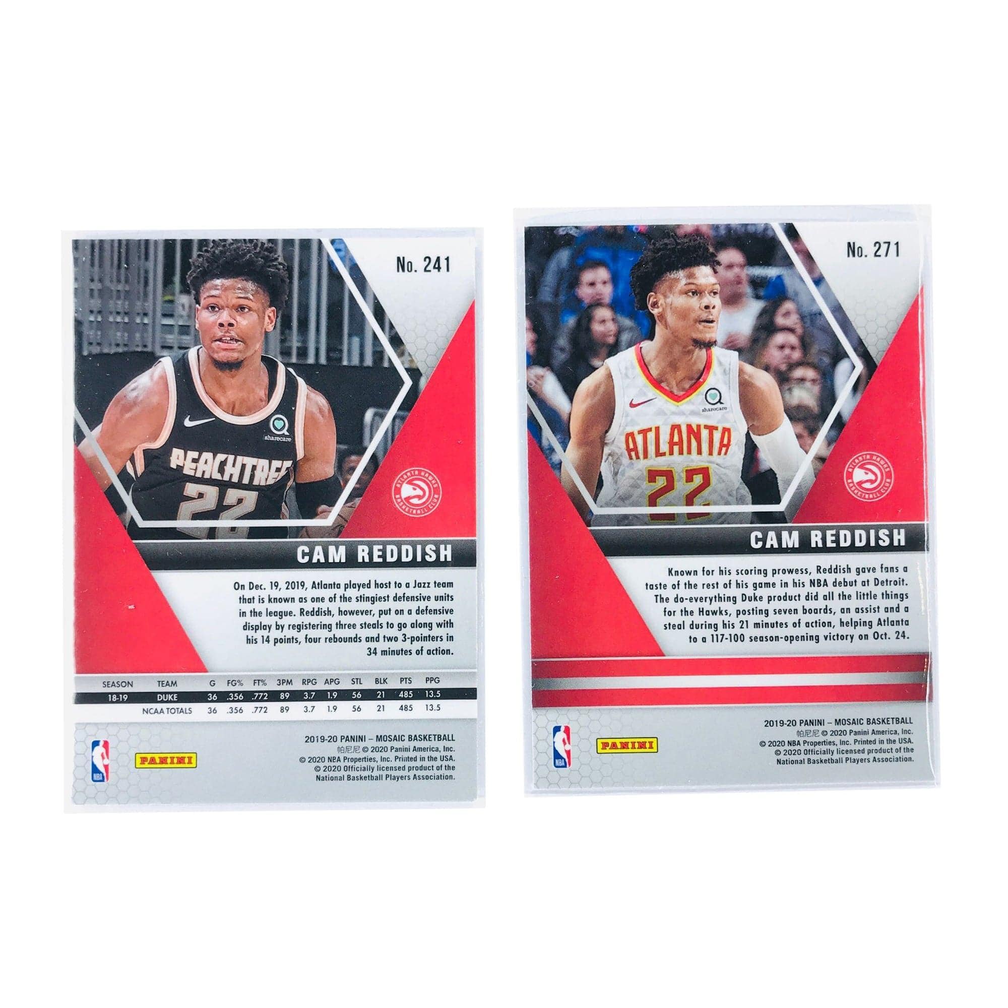 Panini Cards Cam Reddish Atlanta Hawks 19-20 Panini NBA Mosaic 2 Rookie Card Set