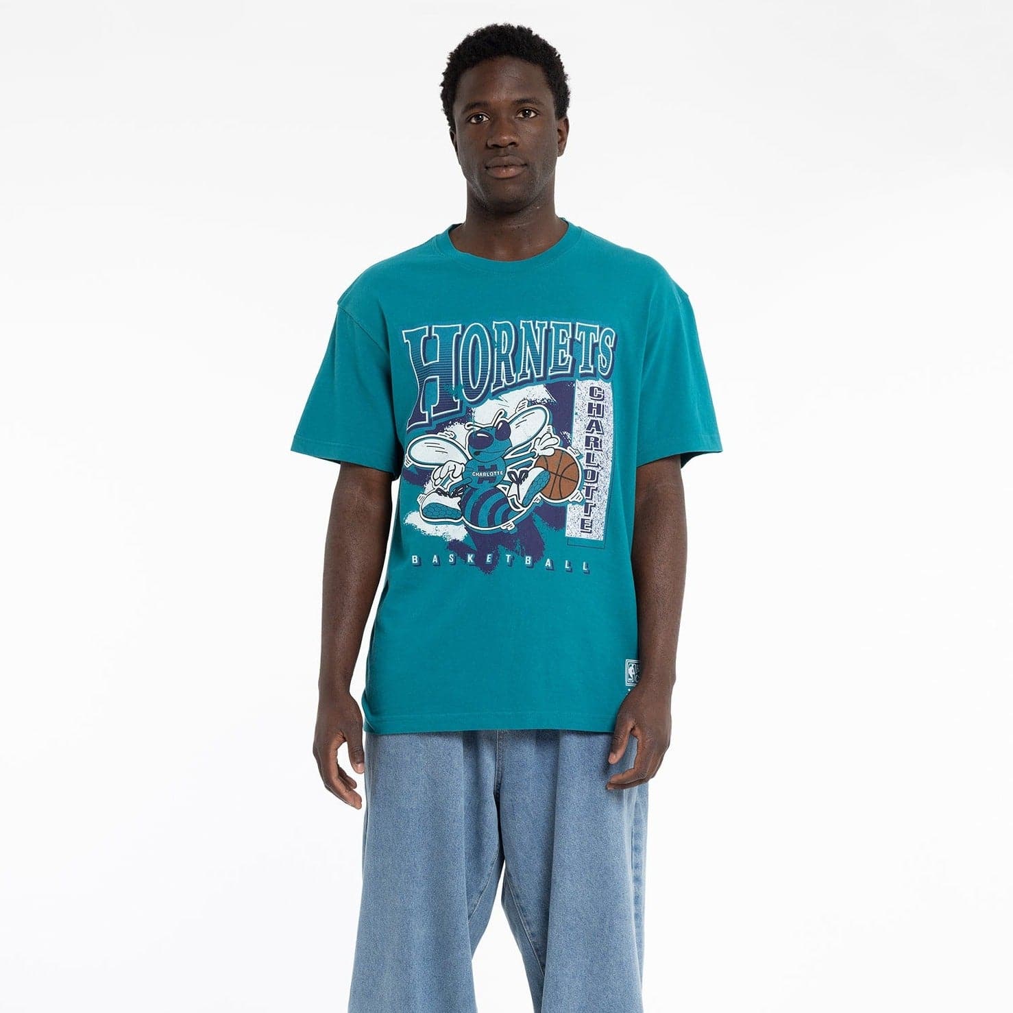 Mitchell And Ness T-Shirts Charlotte Hornets Mitchell & Ness NBA Brush Off Vintage T-Shirt - Faded Teal
