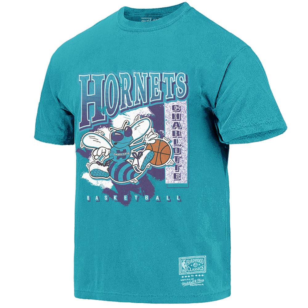 Mitchell And Ness T-Shirts Charlotte Hornets Mitchell & Ness NBA Brush Off Vintage T-Shirt - Faded Teal