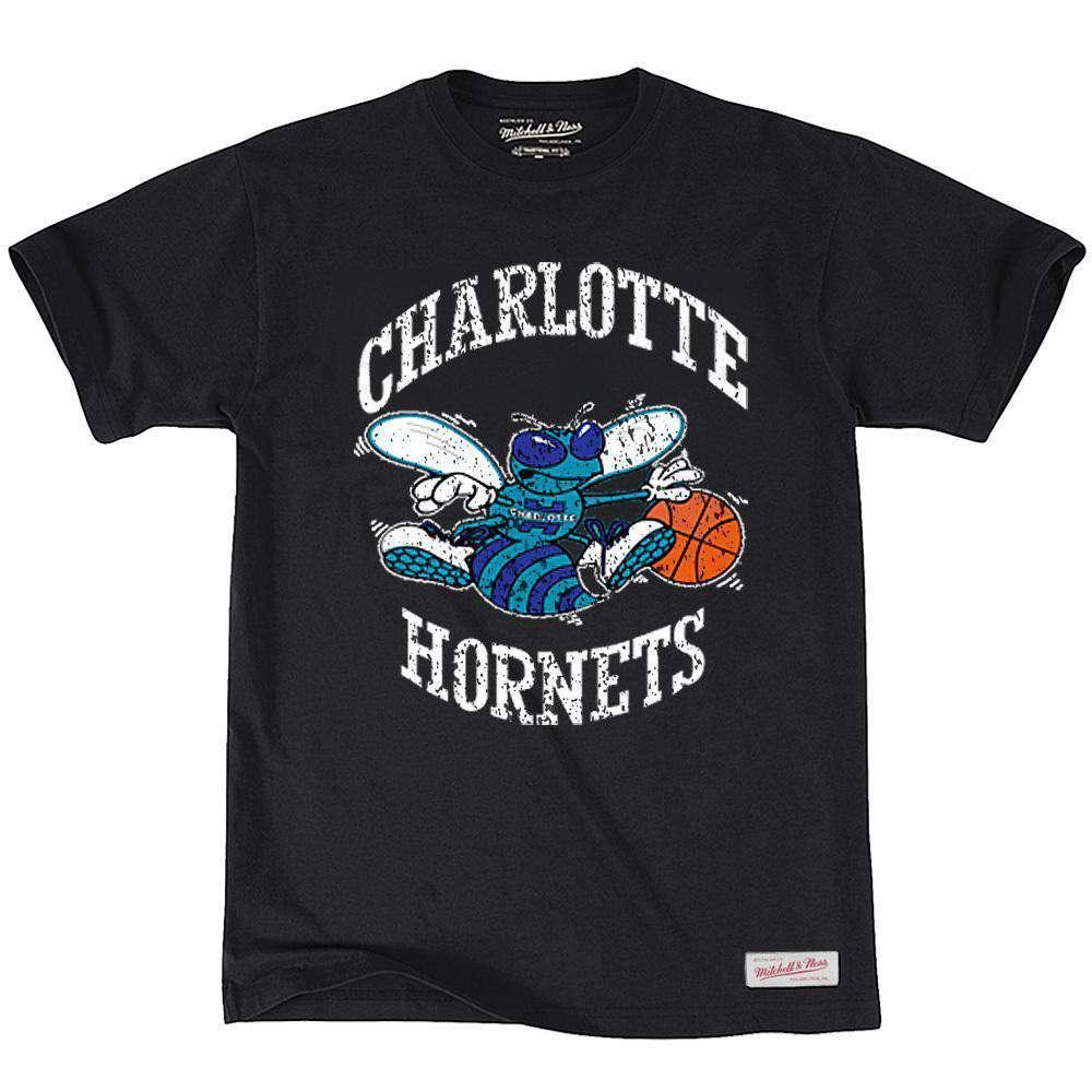 Mitchell And Ness T-Shirts Charlotte Hornets Mitchell & Ness NBA Distressed HWC T-Shirt - Black