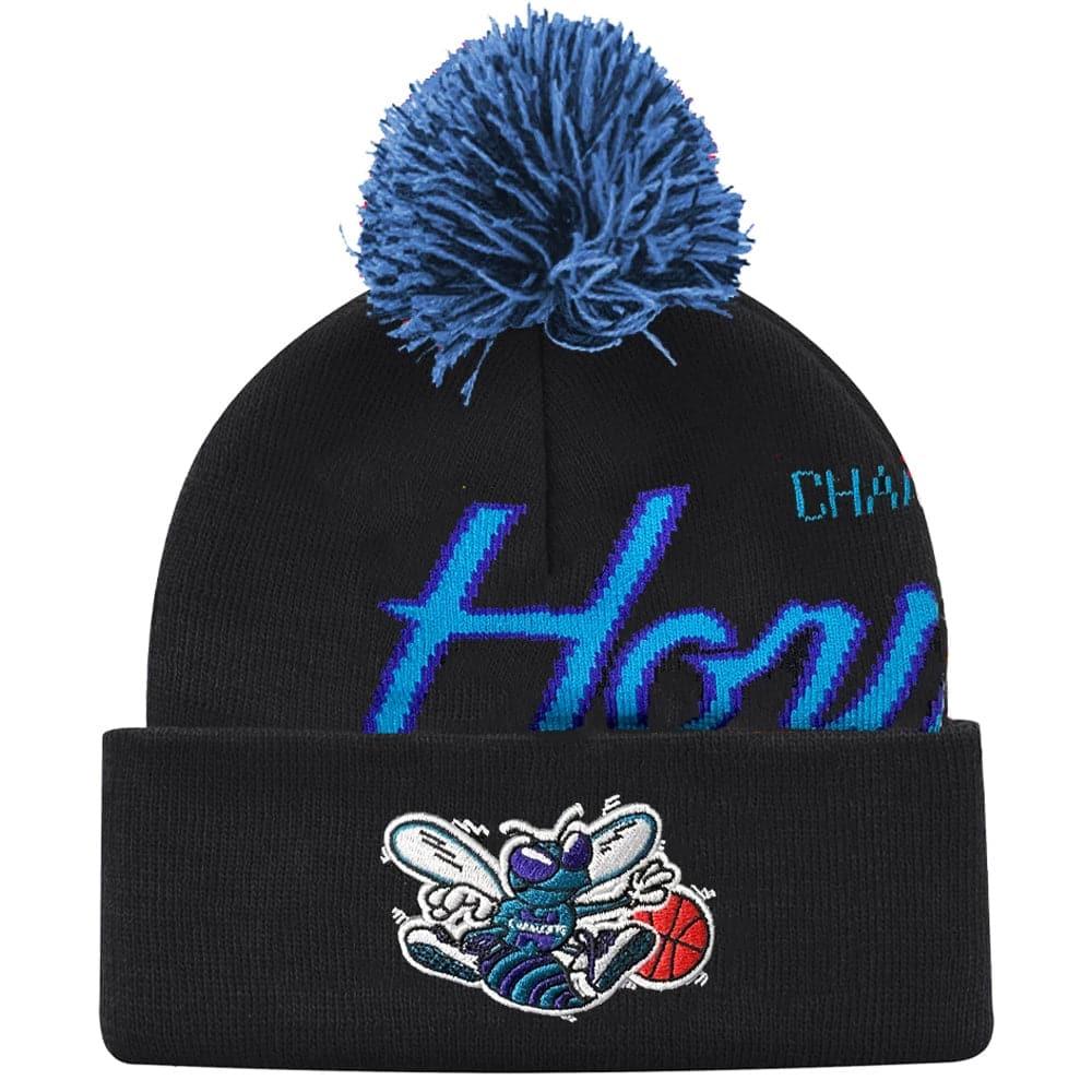 Mitchell And Ness Beanies Charlotte Hornets Mitchell & Ness NBA Script Burst Pom Knit Beanie - Black