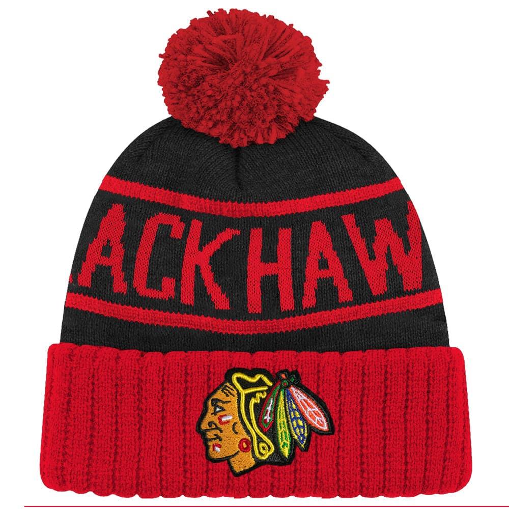 NHL Branded Beanies Chicago Blackhawks NHL Team Colour Stripe Pom Knit Beanie - Black/Red