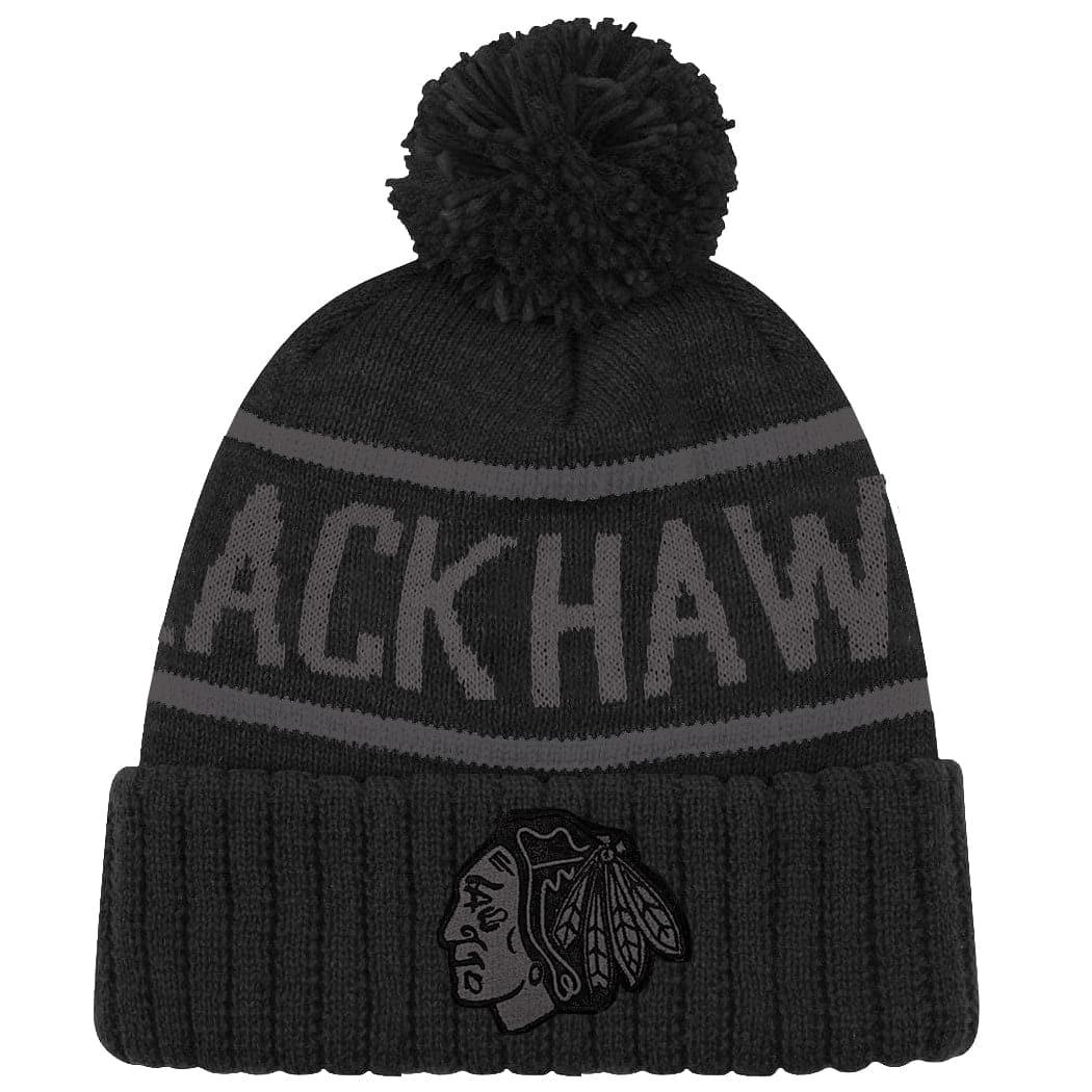 NHL Branded Beanies Chicago Blackhawks NHL Triple Black On Black Pom Knit Beanie - Black