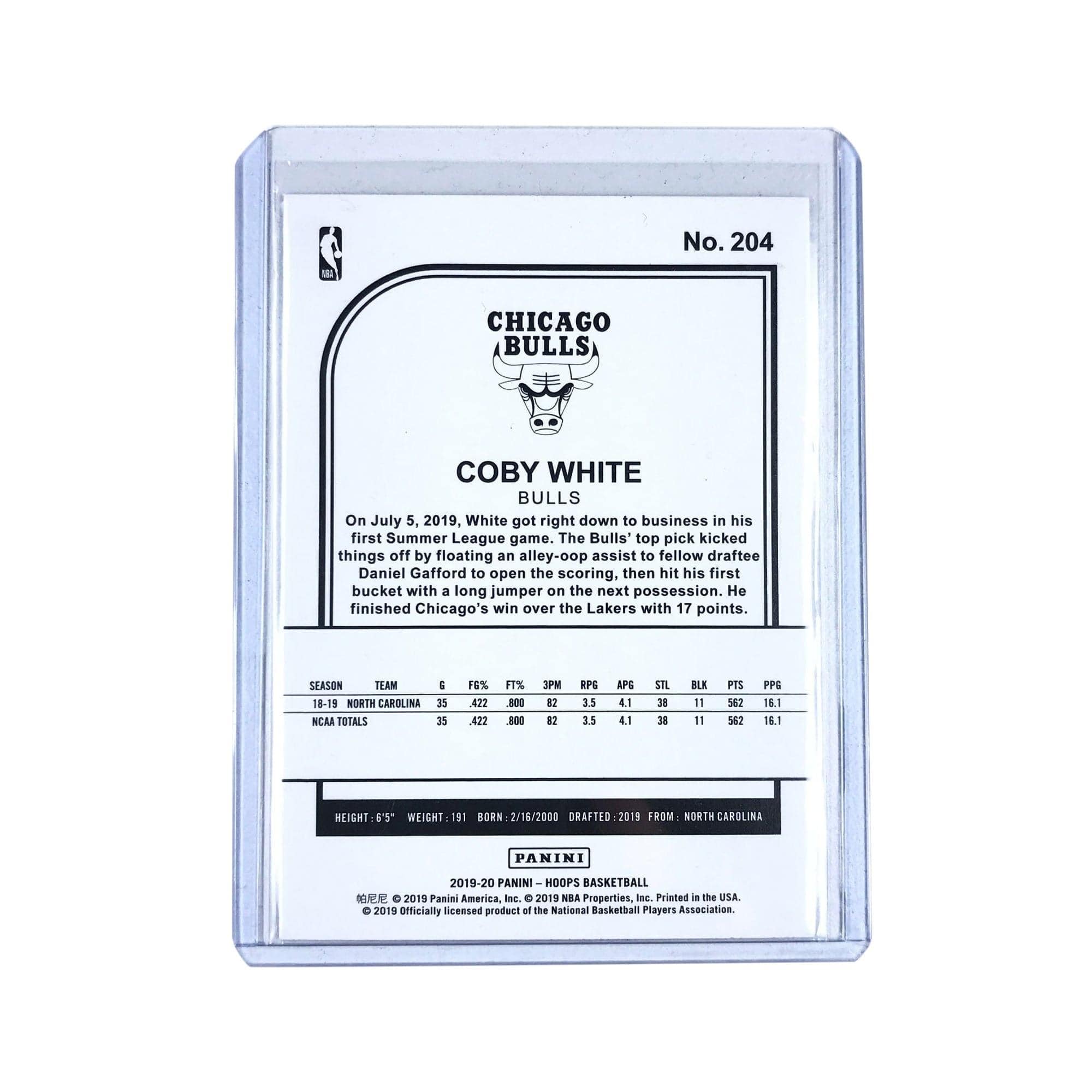 Panini Cards Coby White Chicago Bulls 2019-20 Panini Hoops NBA Rookie Base 204 Card