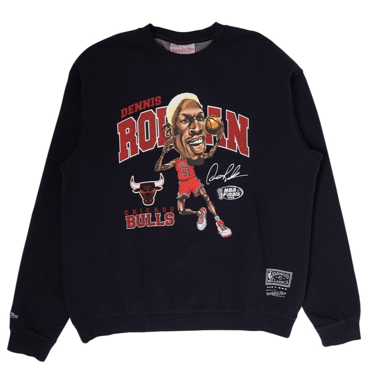 Mitchell And Ness Jumpers Dennis Rodman Chicago Bulls Mitchell & Ness NBA Caricature Vintage Crew Jumper - Faded Black