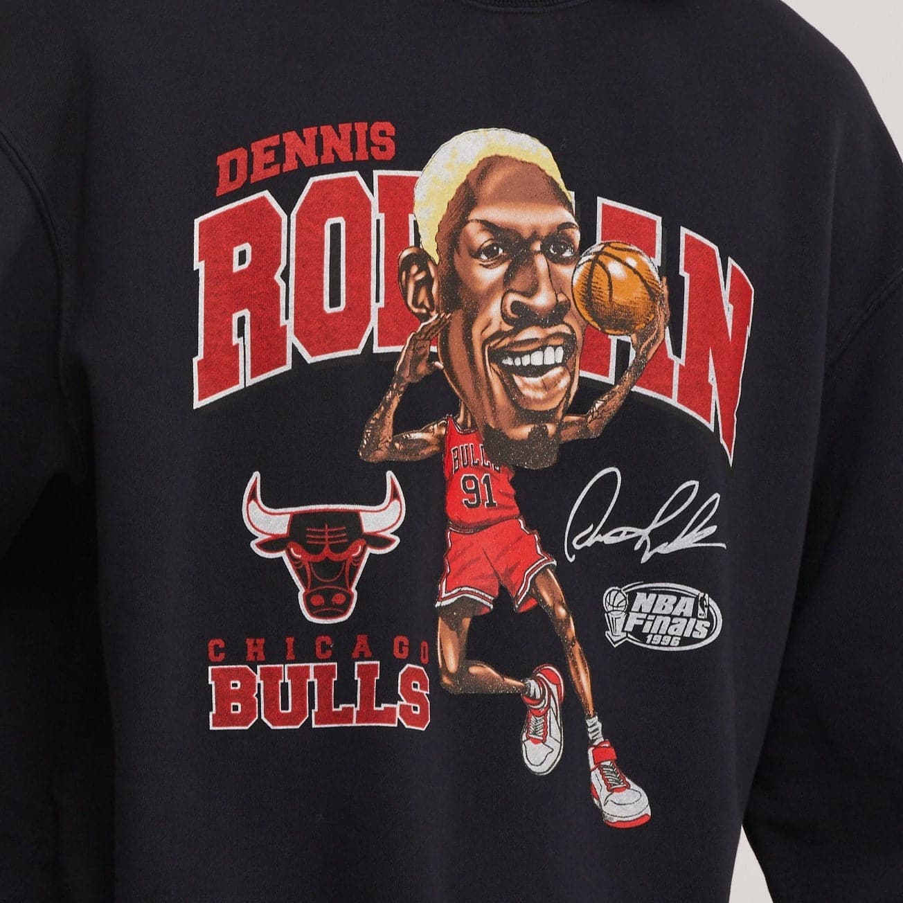 Mitchell And Ness Jumpers Dennis Rodman Chicago Bulls Mitchell & Ness NBA Caricature Vintage Crew Jumper - Faded Black