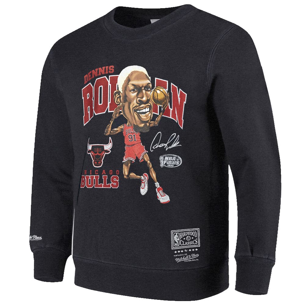 Mitchell And Ness Jumpers Dennis Rodman Chicago Bulls Mitchell & Ness NBA Caricature Vintage Crew Jumper - Faded Black