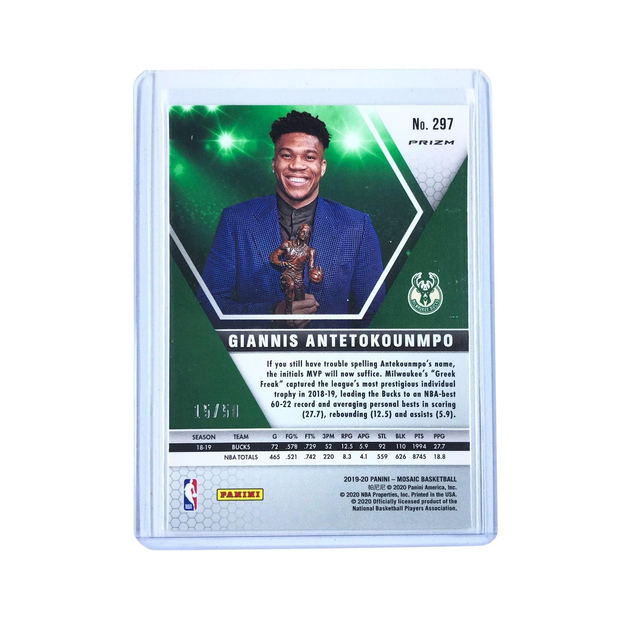 Panini Cards Giannis Antetokounmpo Milwaukee Bucks 2019-20 Panini Mosaic NBA MVP /50 Purple Card