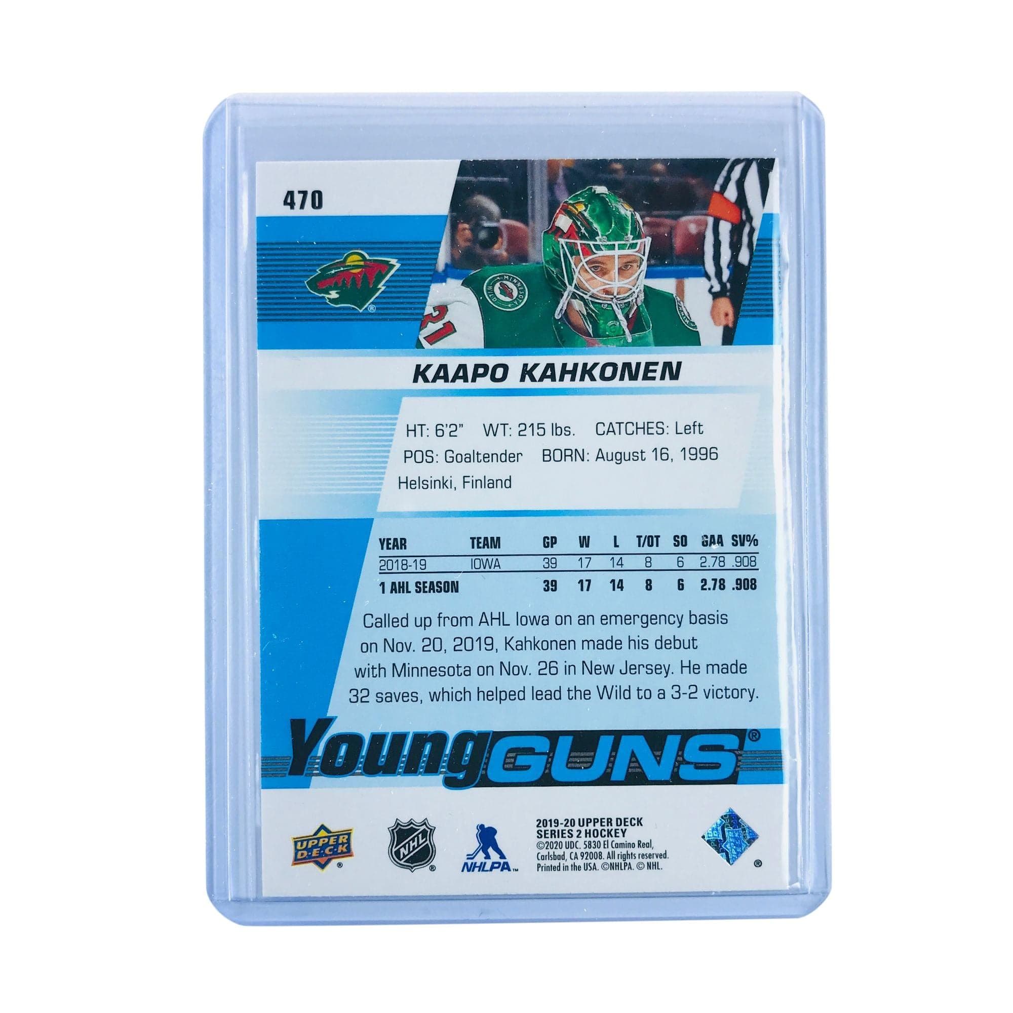 Upper Deck Cards Kaapo Kahkonen Minnesota Wild 2019-20 Upper Deck Series 2 NHL Young Guns Card