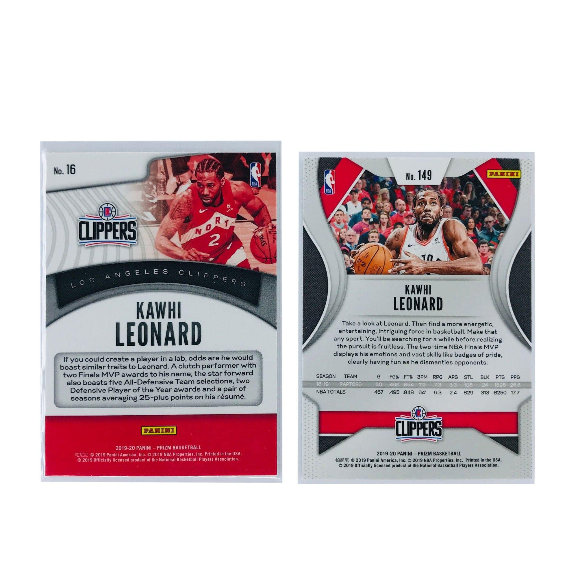 Panini Cards Kawhi Leonard Toronto Raptors 19-20 Panini NBA Prizm 2 Card Set