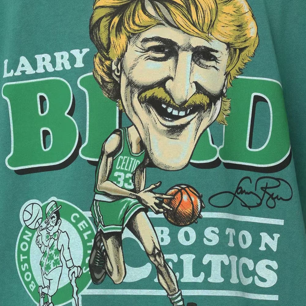 Mitchell And Ness T-Shirts Larry BIrd Boston Celtics Mitchell & Ness NBA Caricature Vintage T-Shirt - Faded Green