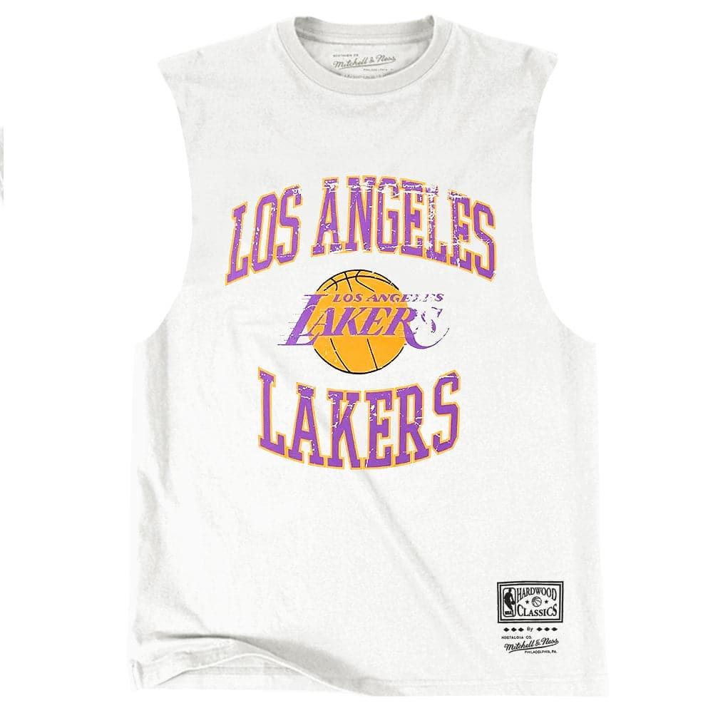 Mitchell And Ness T-Shirts Los Angeles Lakers Mitchell & Ness NBA Vintage Crest Logo Muscle T-Shirt - White