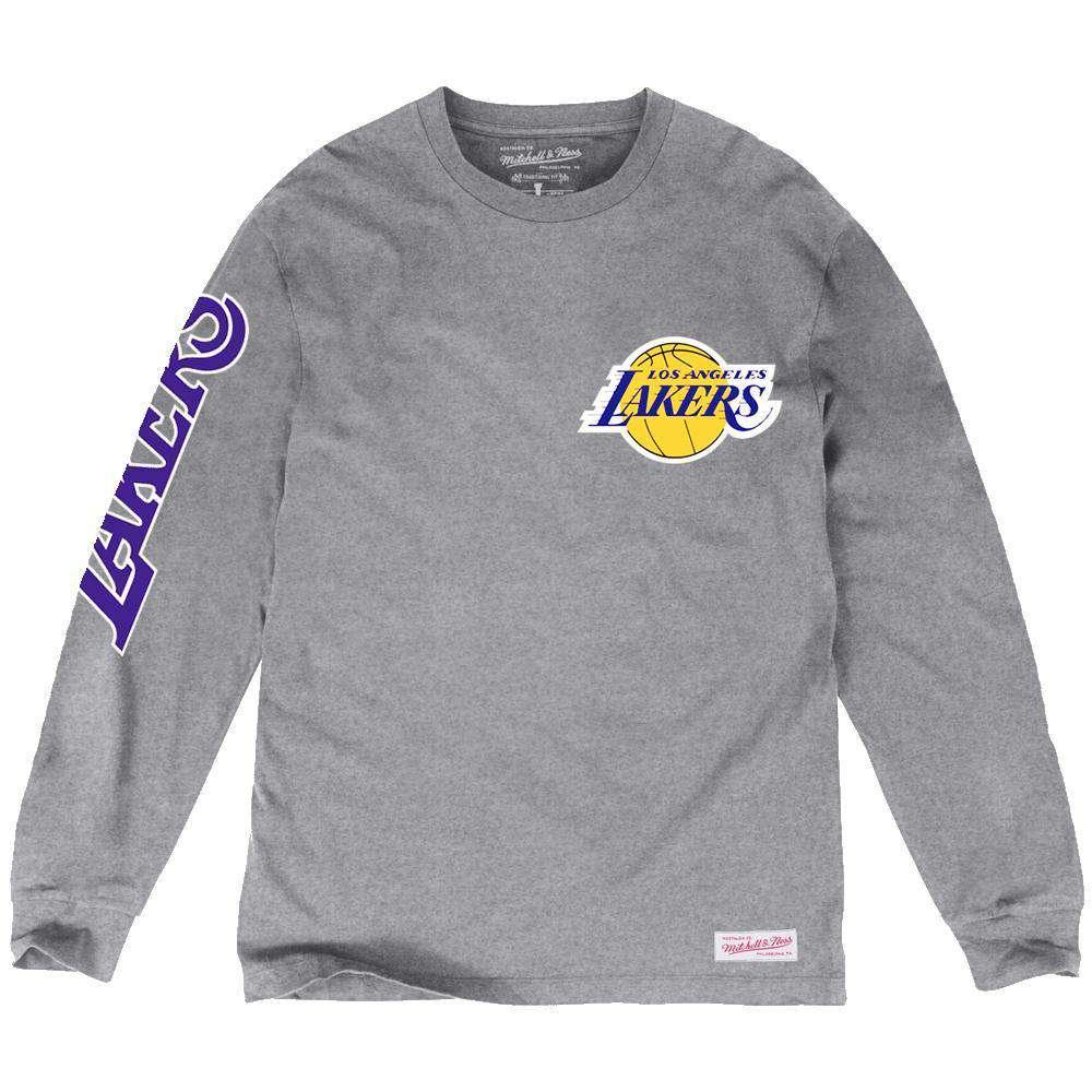 Mitchell And Ness Long Sleeve Tees Los Angeles Lakers Mitchell & Ness NBA Wordmark Long Sleeve T-Shirt - Grey