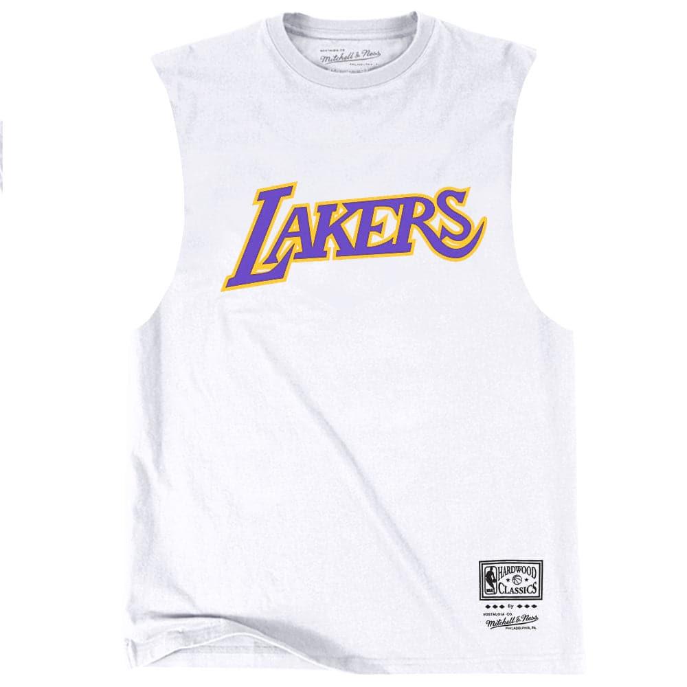 Mitchell And Ness T-Shirts Los Angeles Lakers Mitchell & Ness NBA Wordmark Sleeveless Muscle T-Shirt - White